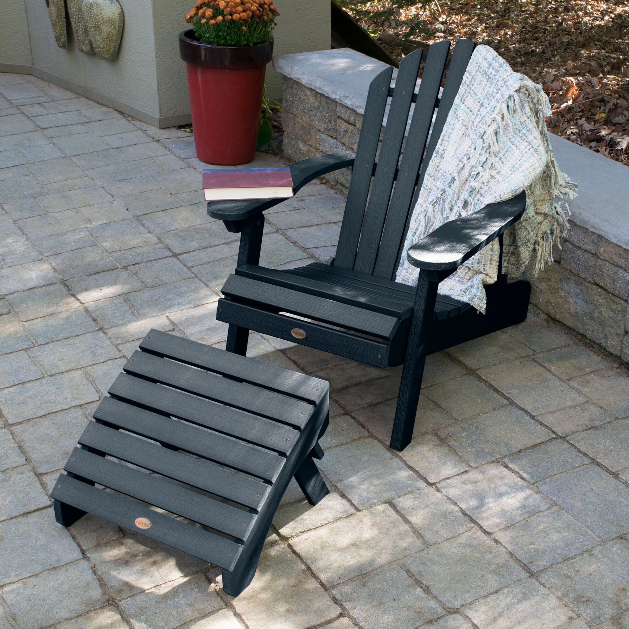 **Hamilton Reclining Adirondack Chair with Folding Ottoman - Outdoor Patio Furniture for Relaxing in Garden, Backyard, or Poolside**