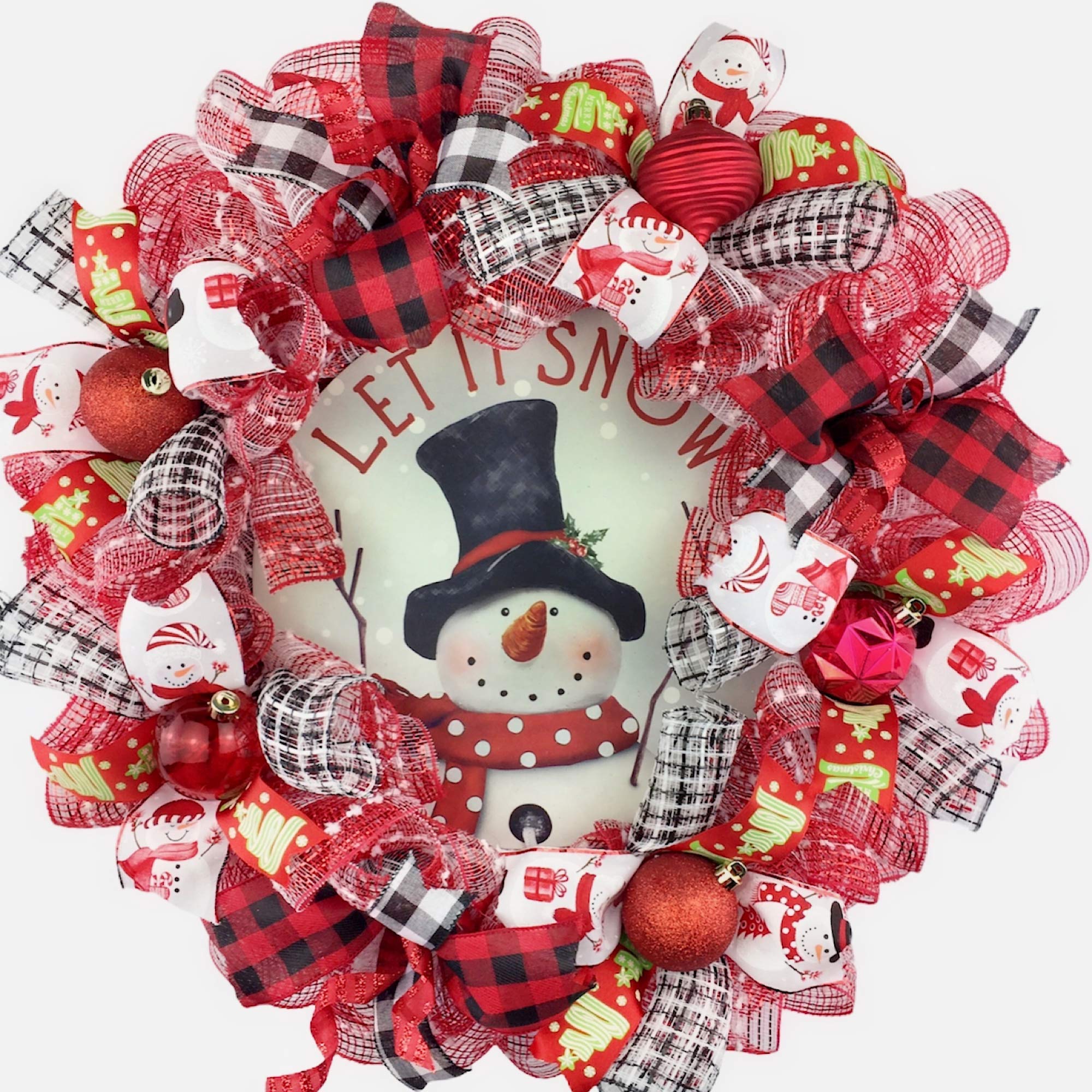 Handmade 'Let it Snow' Snowman Christmas Wreath with Decorative Ball Ornaments - Waterproof Holiday Door Decor for Indoor & Outdoor Use - Perfect for Front Door, Fireplace Mantel, or Christmas Party Decoration
