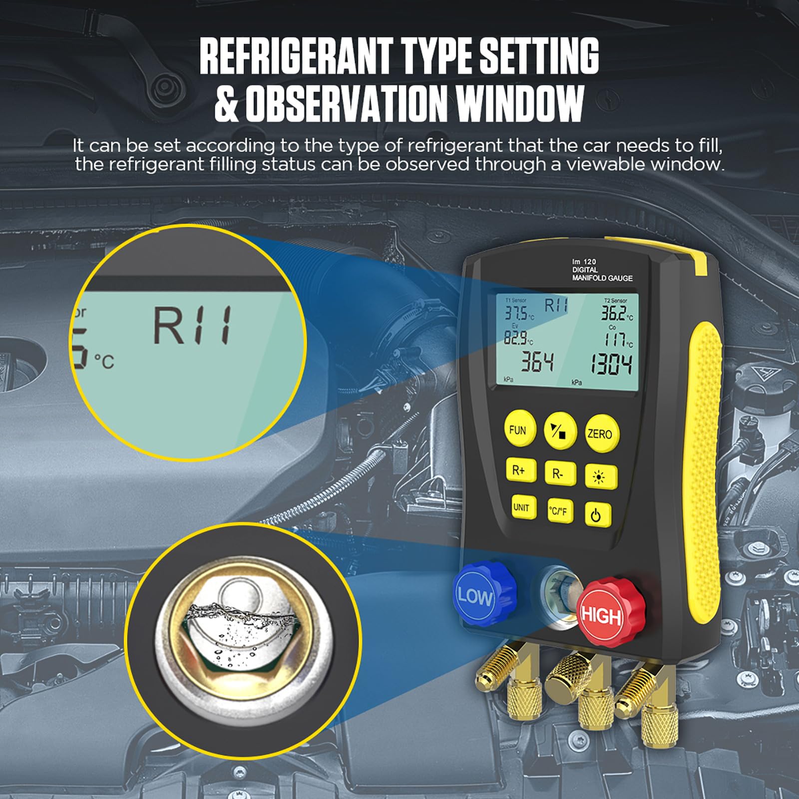 QPKING Digital Manifold Gauge Set - HVAC Refrigeration Pressure Temperature Tester with 3 Hoses & Built-in 89 Database - Professional LM120 Leak Detection Kit for AC Repair, Refrigerant Charging and HVAC System Maintenance