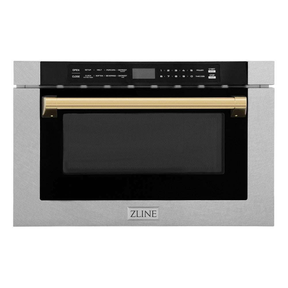 ZLINE Autograph Edition 24-inch Built-in Microwave Drawer - 1.2 cu.ft Capacity, Satin Stainless Steel with Polished Gold Accents, Traditional Handle (MWDZ 1 SS H G) - Perfect for Modern Kitchens, Luxury Homes & High-End Appliances