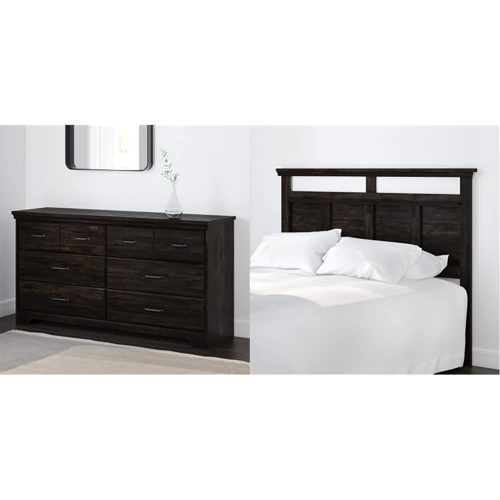 South Shore Versa 6-Drawer Double Dresser with Headboard - Full/Queen Size Bedroom Furniture Set in Rubbed Black Finish | Perfect for Master Bedroom, Guest Room & Apartment Organization