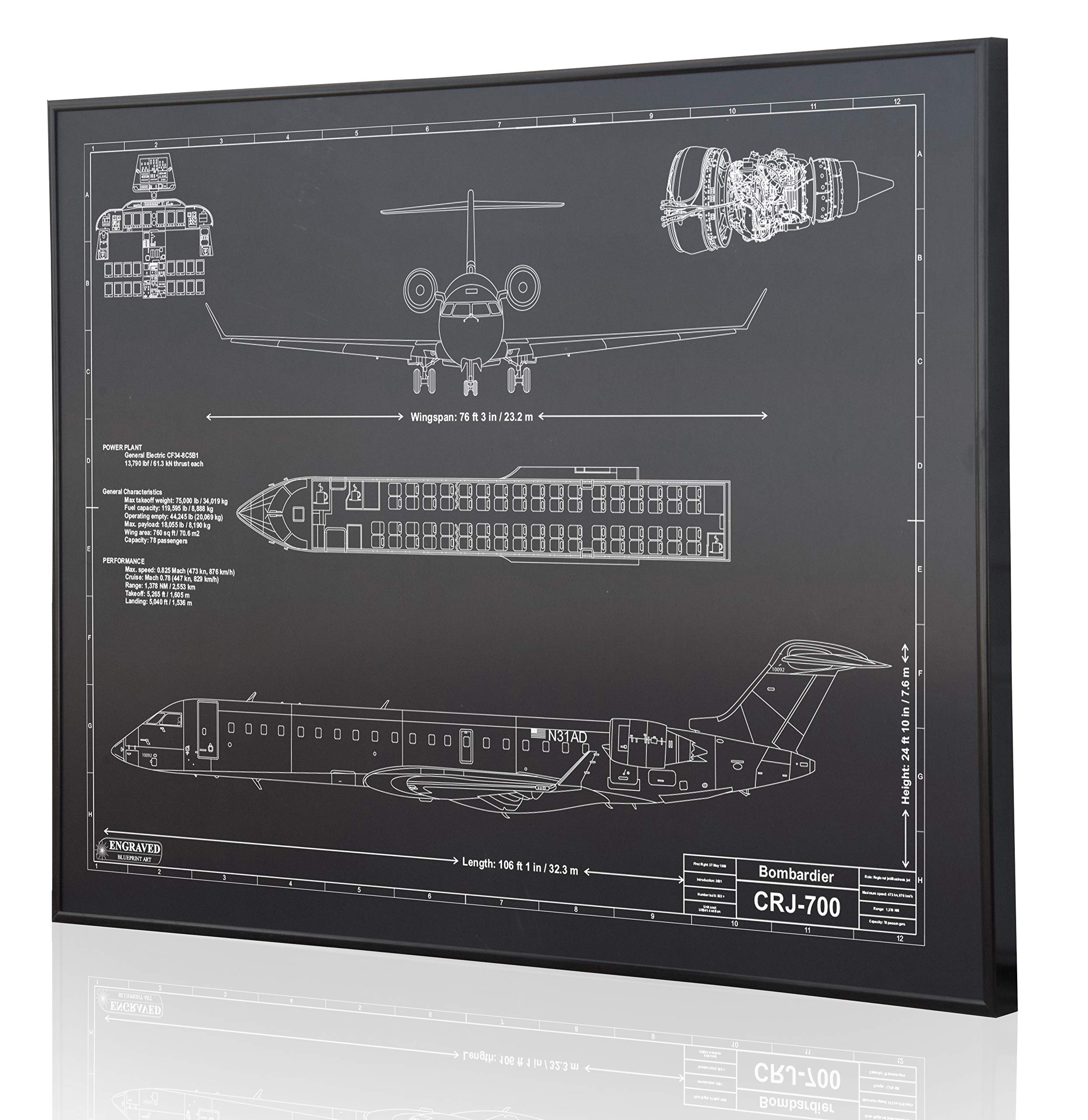 Bombardier CRJ-700 Blueprint Wall Art - Laser Engraved & Customizable Aviation Gift for Pilots - Perfect for Home Office Decor, Pilot Appreciation, and Aviation Enthusiast Collections