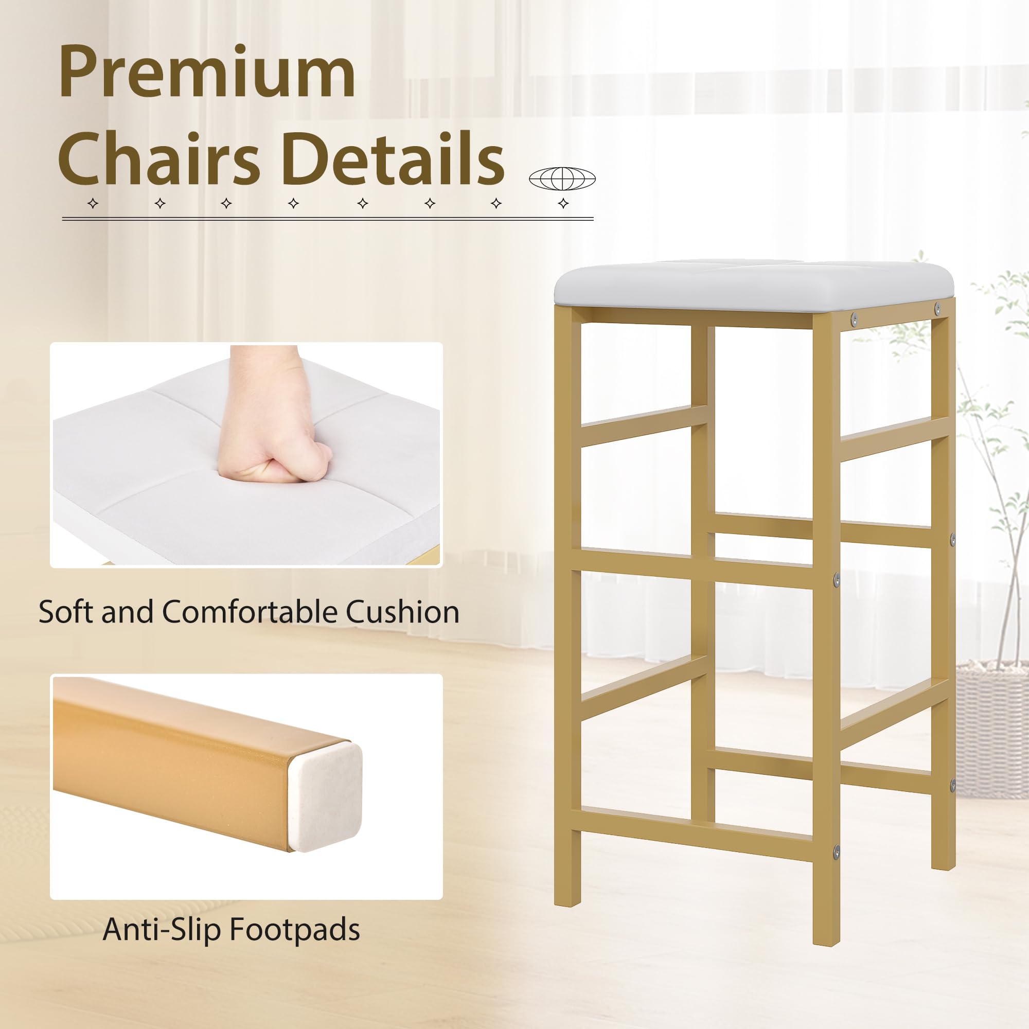 VECELO 3-Piece Bar Table and Chairs Set with Storage Shelves, Cup Holder & Wine Rack - PU Leather Cushion Stools for Small Space Kitchen, Gold - Perfect for Breakfast Nook, Apartment Balcony or Compact Dining Area