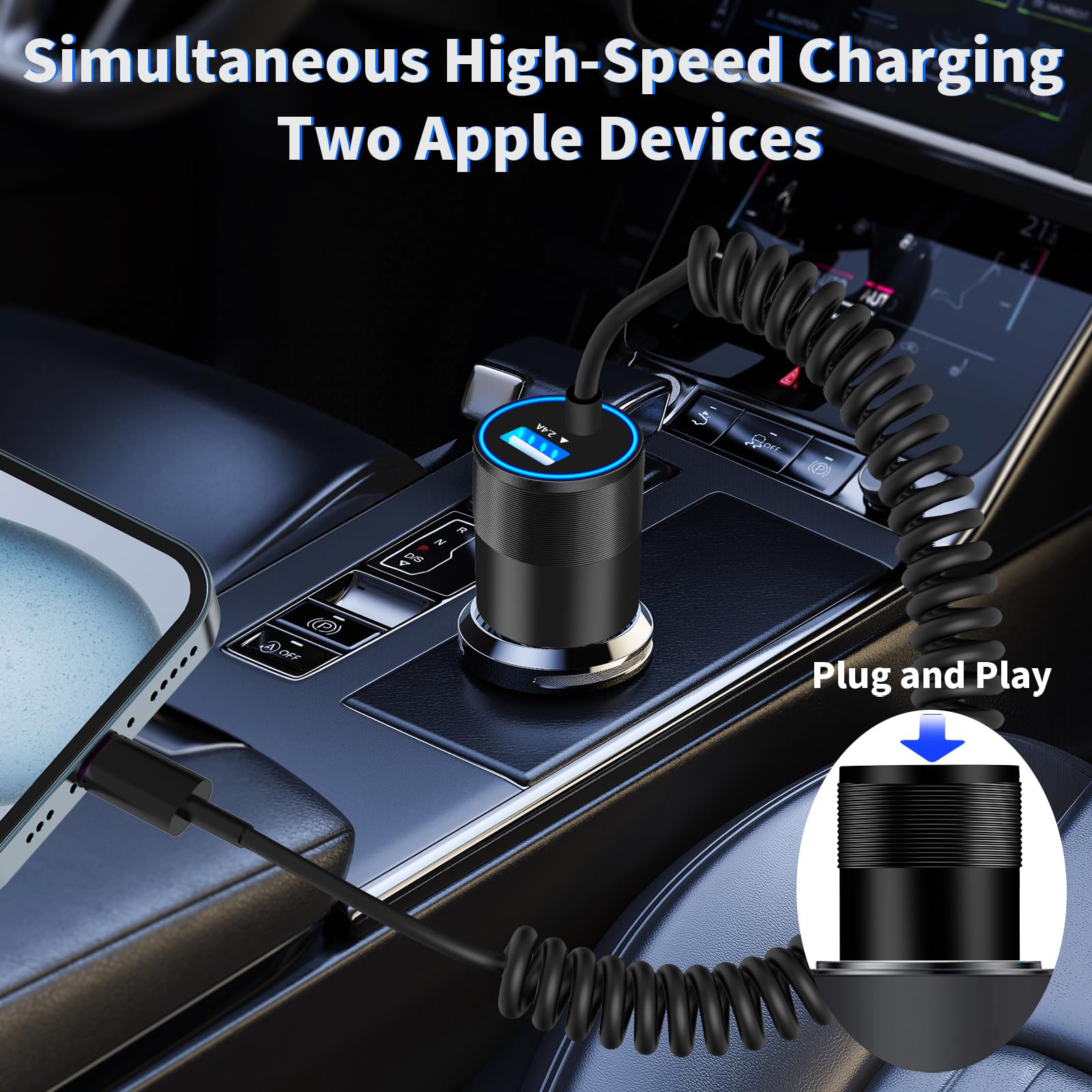 Apple MFi Certified Fast Car Charger for iPhone 15 Pro/Pro Max - 4.8A USB-C Cigarette Lighter Charger with 6FT Coiled Type-C Cable - Compatible with Galaxy S24/S23/Pixel/iPad Pro - Perfect for Road Trips & Daily Commutes