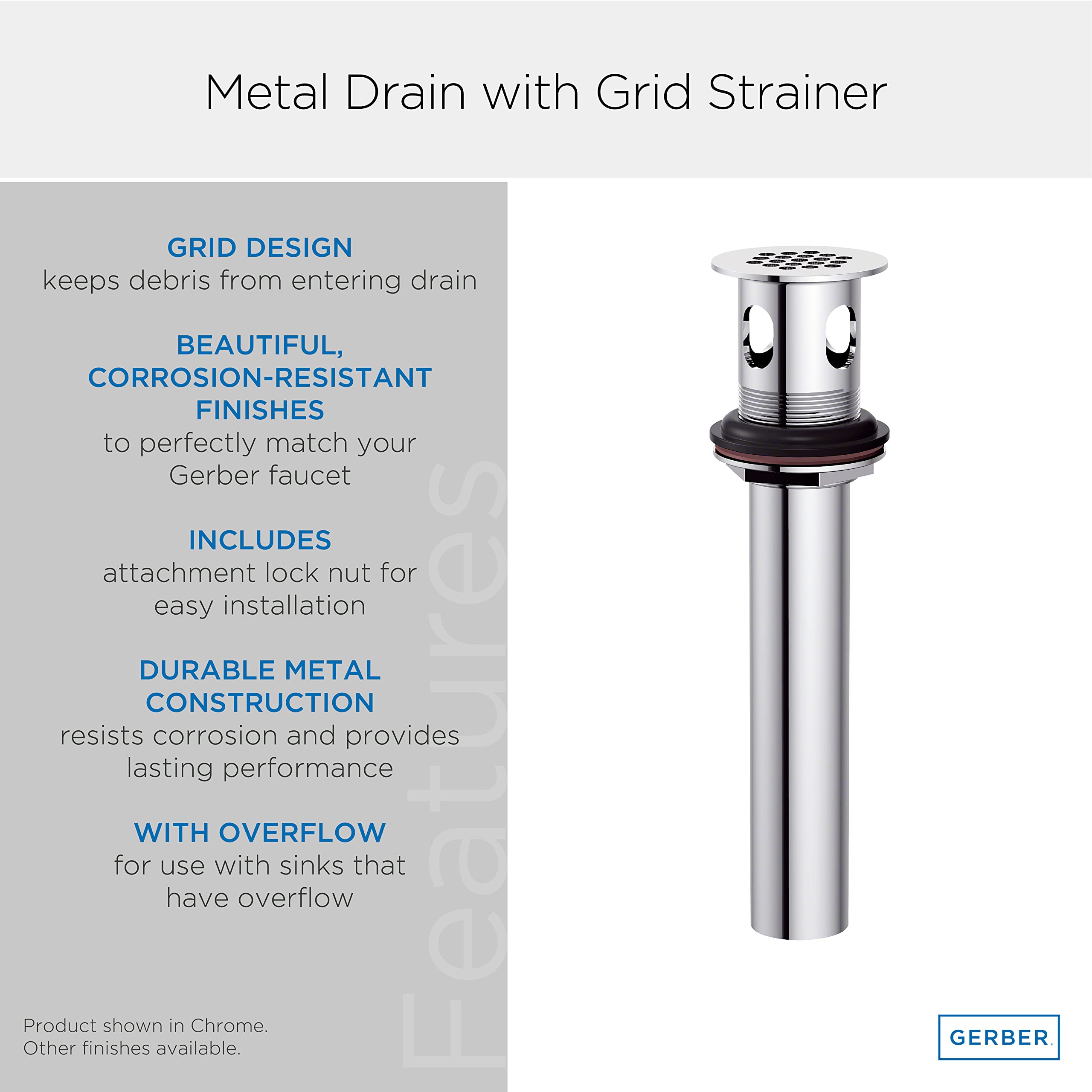 Gerber Plumbing Metal Grid Drain Strainer Assembly with Overflow - Premium Bathroom Sink Drain Cover for Clog Prevention - Perfect for Kitchen & Bathroom Sink Drainage