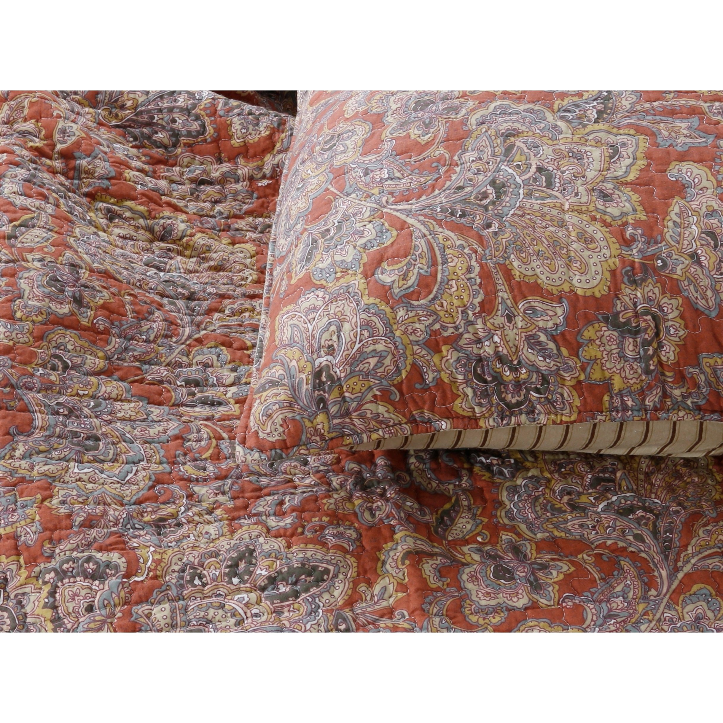 3 Piece Exotic Paisley Medallion Quilt Set Full/Queen Size - Leafy Vines Tribal Mandala Flowers Bedding with Lush Earthy Nature Pattern - Rustic Oriental Artwork Design in Orange & Grey - Perfect for Bohemian, Eclectic or Global Inspired Bedrooms