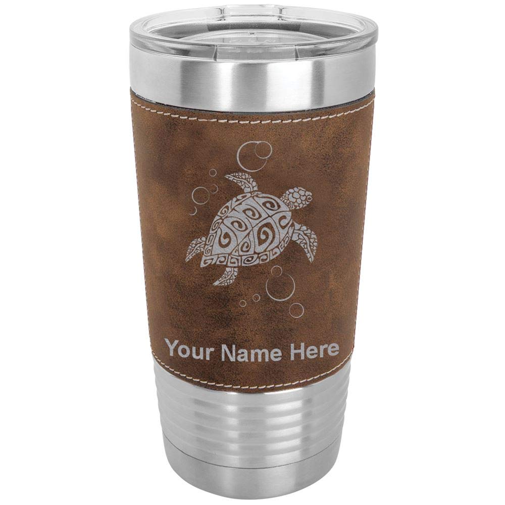 LaserGram 20oz Vacuum Insulated Stainless Steel Tumbler Mug with Hawaiian Sea Turtle Design - Personalized Engraving, Faux Leather & Rustic Finish - Perfect for Coffee, Tea, Cold Drinks at Home, Office or Travel