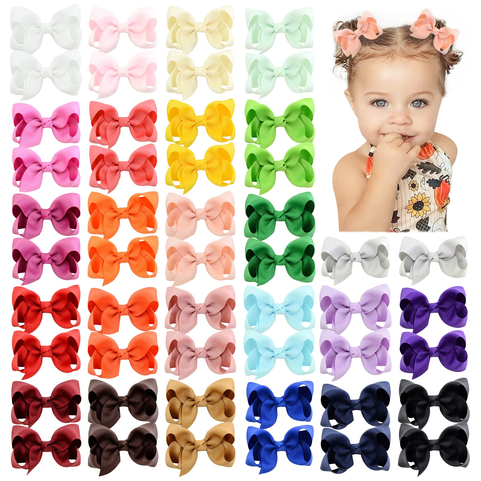 50PCS 3 Inch Hair Bows for Girls - Grosgrain Ribbon Hair Clips with Alligator Clips for Toddlers, Baby Girls, Kids & Teens - Perfect for Parties, School, Holidays & Everyday Wear