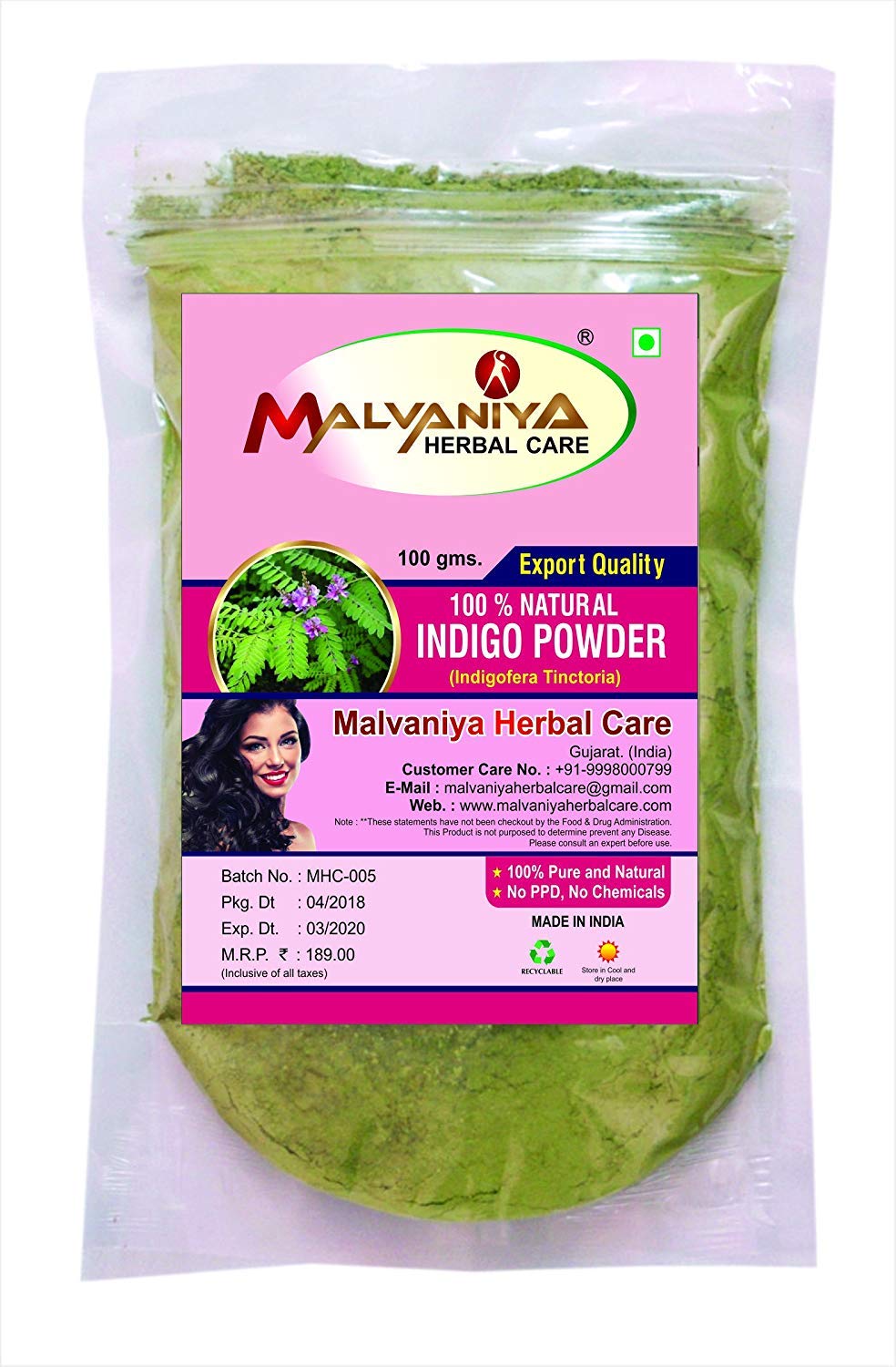 Natural Organic Indigo Hair Dye Powder for Gray Coverage - MALVANIYA HERBAL CARE 100g | Chemical-Free, Vegan Hair Color for Men & Women | Perfect for At-Home Hair Coloring & Ayurvedic Hair Care