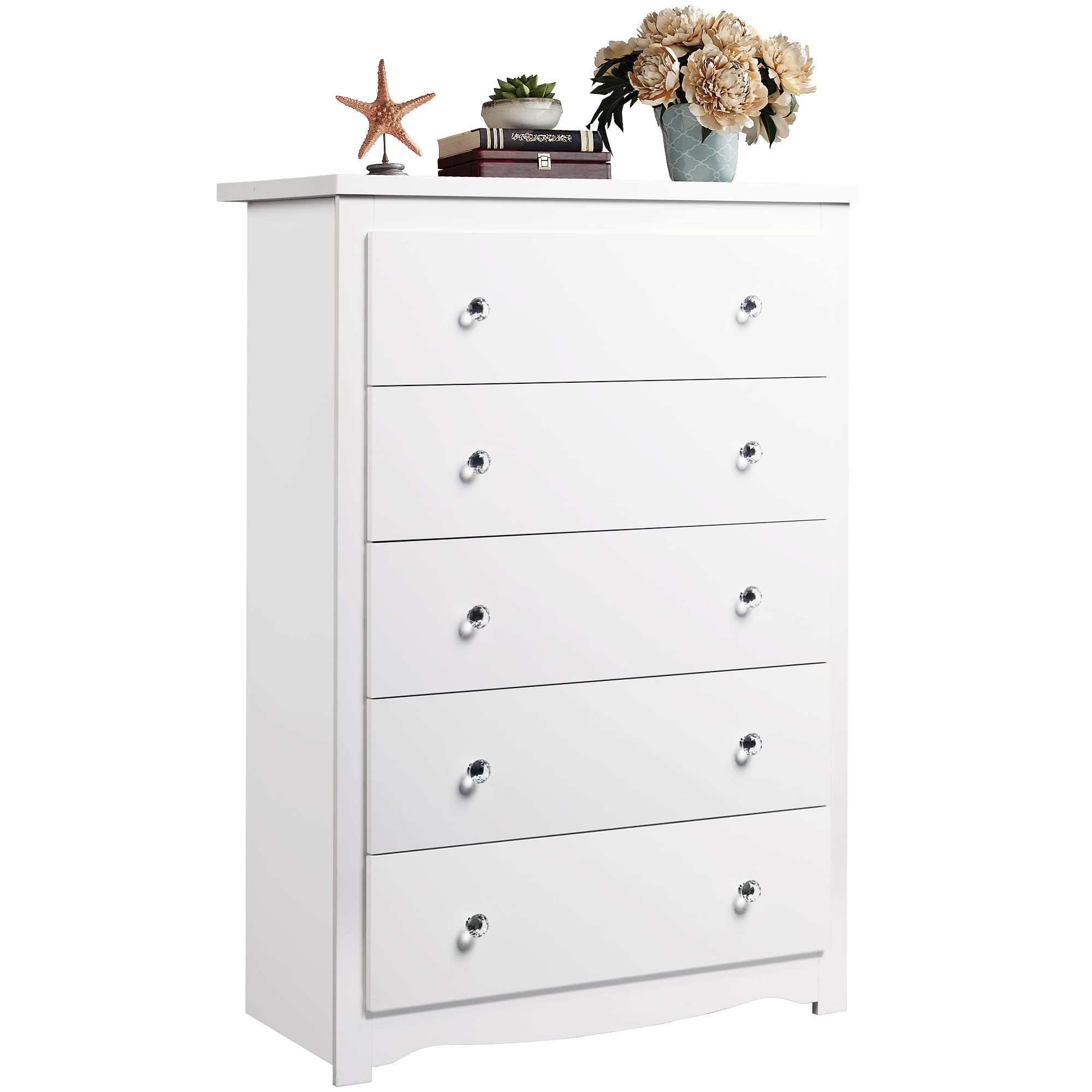 WLIVE White Wood Dresser with 5 Drawers - Modern Wooden Storage Cabinet for Bedroom, Living Room & Hallway - 15.7