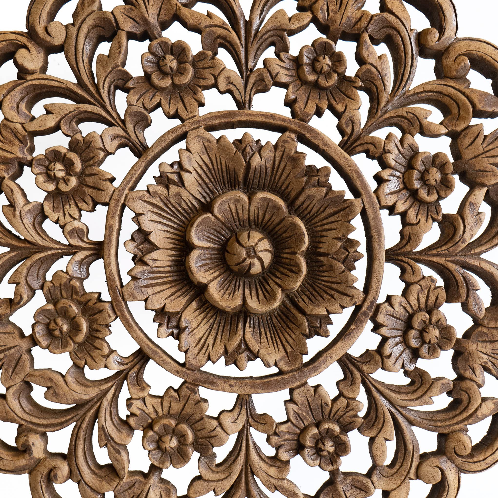 Handmade Teak Wood Lotus Circle Medallion Wall Hanging - 24 Inch Rustic Brown Carved Wood Art for Home Decor, Living Room, Bedroom & Boho Style Interiors