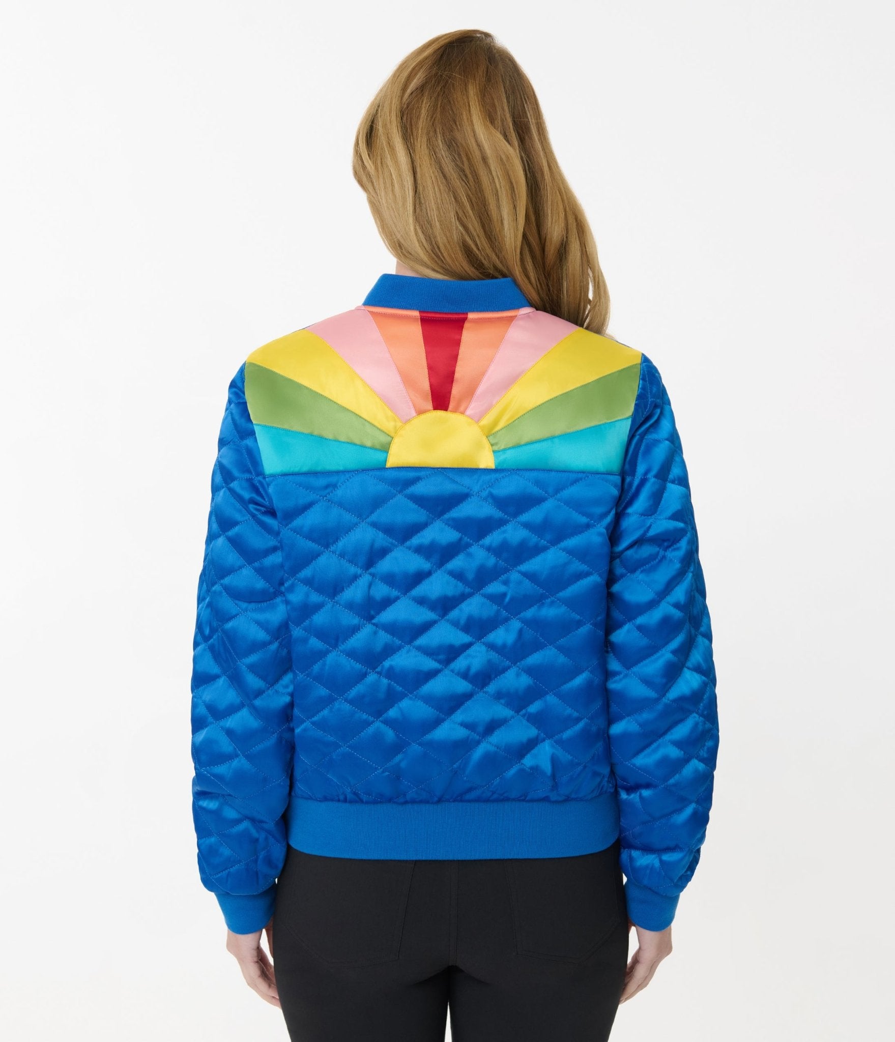 Vintage Blue & Rainbow Quilted Varsity Jacket - Retro Baseball Letterman Jacket for Women - Perfect for Casual Outfits, College Events & 90s Fashion Style