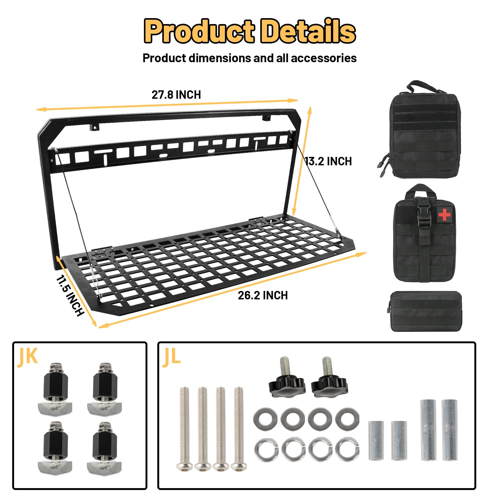 Foldable Tailgate Table & MOLLE Panel Storage Rack for 2017-2024 Jeep Wrangler JKU/JL/JLU - Rear Cargo Organizer with 3 Storage Bags (Not Compatible with Low Speaker JK Models) - Perfect for Camping, Off-Roading & Outdoor Adventures