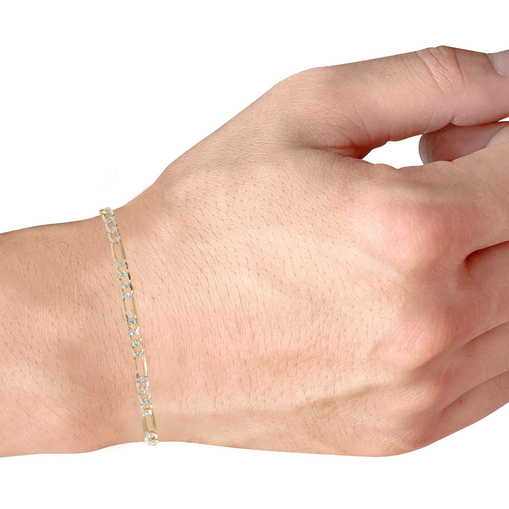 14K Real Yellow Gold Figaro Link Chain Bracelet - 4mm Diamond Cut Pave Design (7