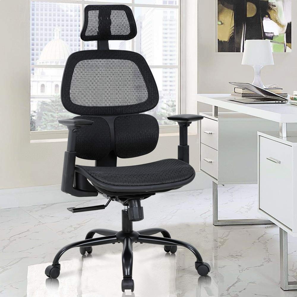 Ergonomic Office Chair with Lumbar Support - Adjustable Height Mesh Computer Desk Chair with Arms, Swivel & Rolling Wheels - High Back Executive Task Chair for Women & Men - Perfect for Home Office, Gaming & Workspaces (Black)