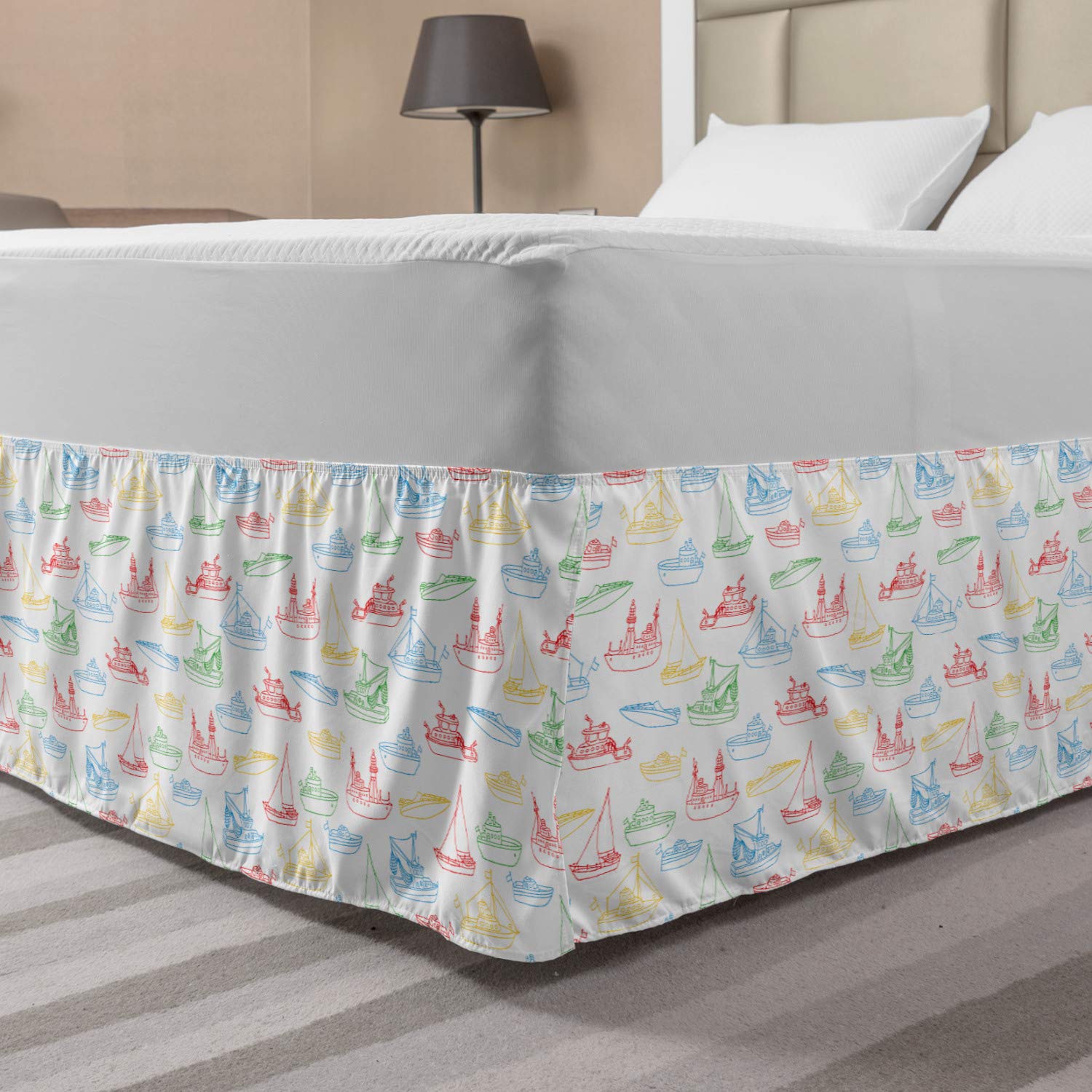 Ambesonne Marine Elastic Bed Skirt - Colorful Nautical Themed Bedskirt with Vehicle Designs, Wrap Around Dust Ruffle for King Size Beds | Perfect for Coastal Bedroom Decor & Beach House Styling