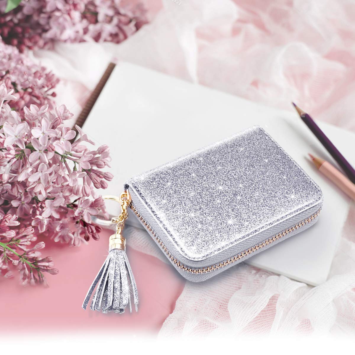 RFID Blocking Glitter Credit Card Holder for Women - Small Slim Wallet with Card Slots - Perfect for Travel, Shopping & Everyday Use