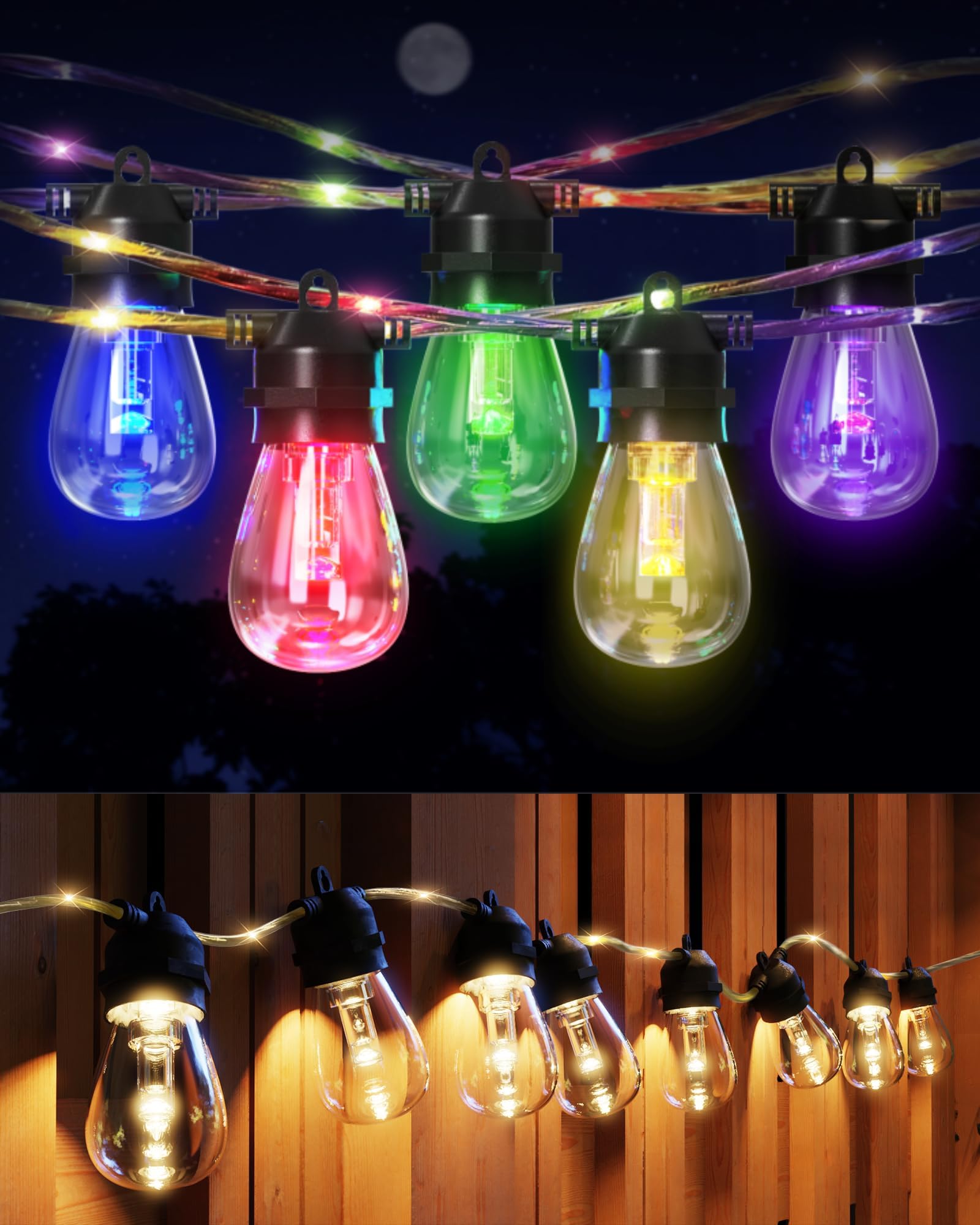 JACKYLED 160 LED Outdoor String Lights - 48FT Waterproof Patio Lights with Remote Control, Warm White & Multi-Color Rope Fairy Lights for Backyard, Garden, Wedding, Party (Commercial Grade, Not Extendable)