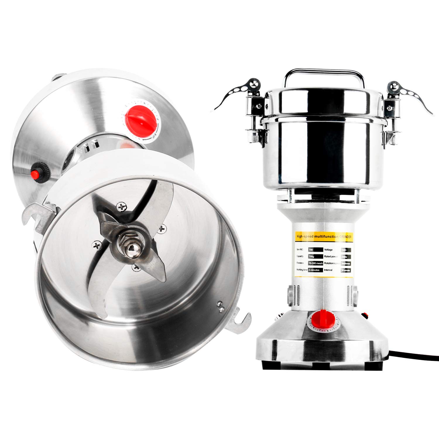 700g Commercial Electric Grain Mill Grinder - 2500W High-Speed Stainless Steel Powder Machine for Spices, Herbs, Pepper & Coffee - 70-300 Mesh, 36000 RPM - Perfect for Home Kitchens, Bakeries & Coffee Shops