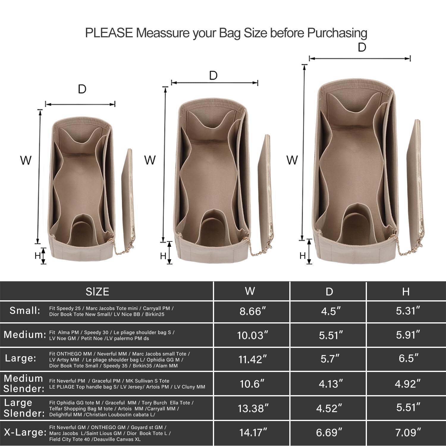 Premium Purse Organizer Insert for Handbags & Tote Bags - Universal Fit for Neverfull, Speedy & More - Slender Large Size in Beige | Perfect for Travel, Work & Daily Organization