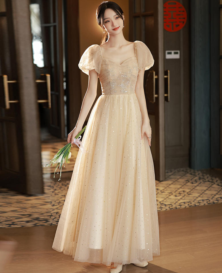 Elegant Champagne A-Line Long Prom Dress - Shiny Formal Party Gown & Bridesmaid Dress for Weddings, Homecoming, Quinceañera & Special Occasions
