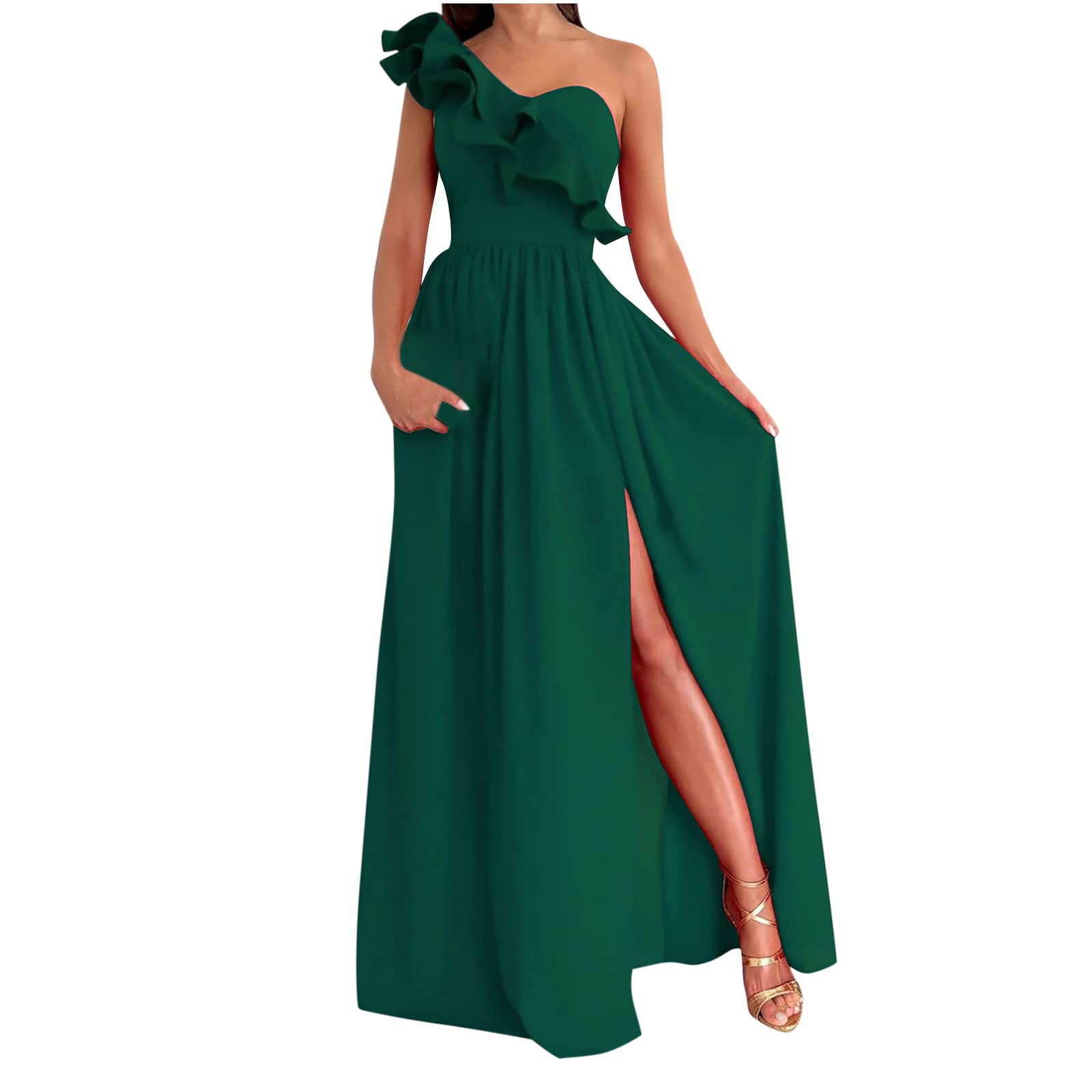 Sexy One Shoulder Ruffle Sleeveless Maxi Dress for Women - High Slit Formal Evening Gown for Wedding Guest, Party & Special Occasions