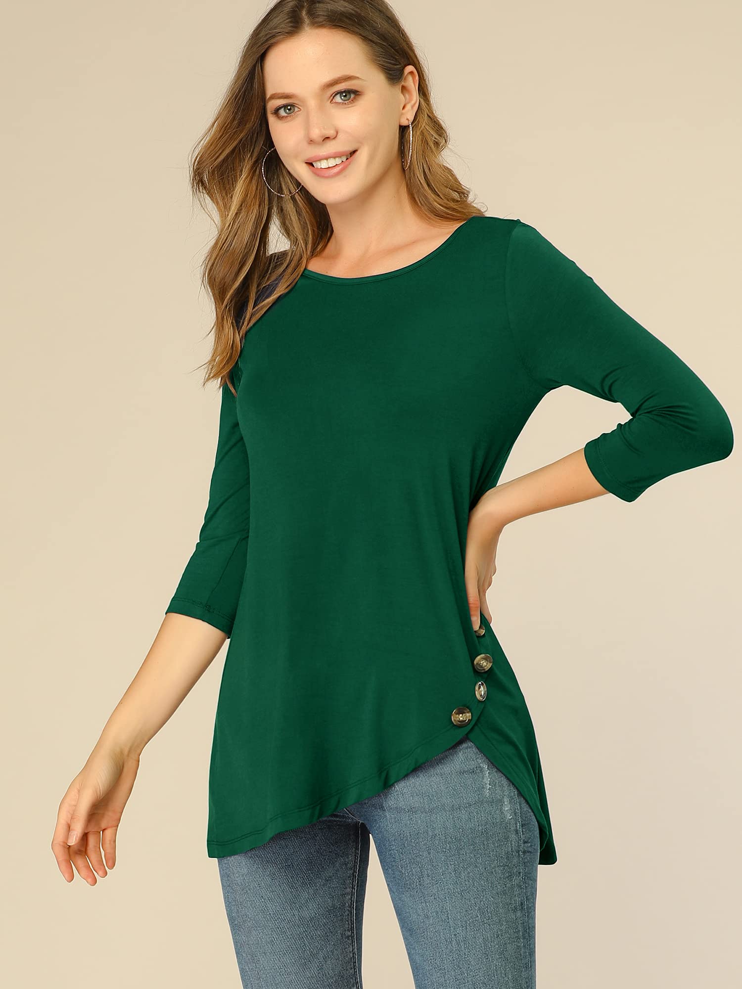Allegra K Women's Loose Asymmetrical Hem Tunic T-Shirt - 3/4 Sleeve Round Neck Casual Top for Spring 2025 | Perfect for Everyday Wear, Office Outfits & Weekend Relaxation