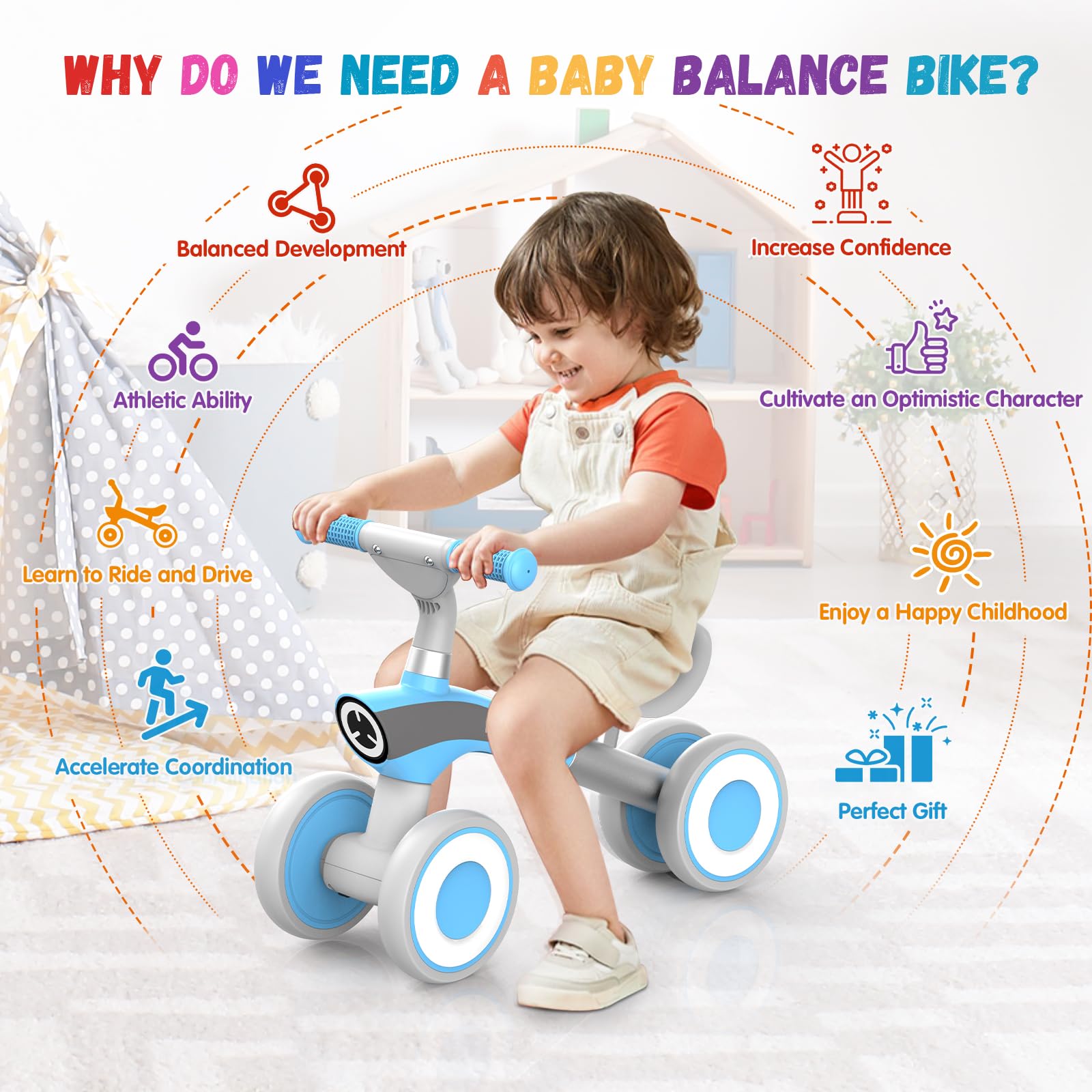 **Baby Balance Bike for Toddlers 1-3 Years Old | 4 Silent Wheels & Soft Seat | First Bike for Boys & Girls | Perfect Birthday Gift for 1 Year Old (Blue) – Ideal for Indoor & Outdoor Riding, Preschool Learning & Active Play**