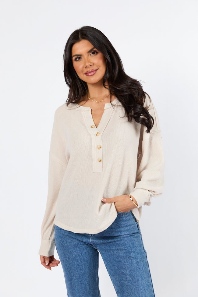 Soft Brushed Rib Oatmeal Henley Knit Long Sleeve Top for Men - Cozy Casual Wear for Fall & Winter Layering