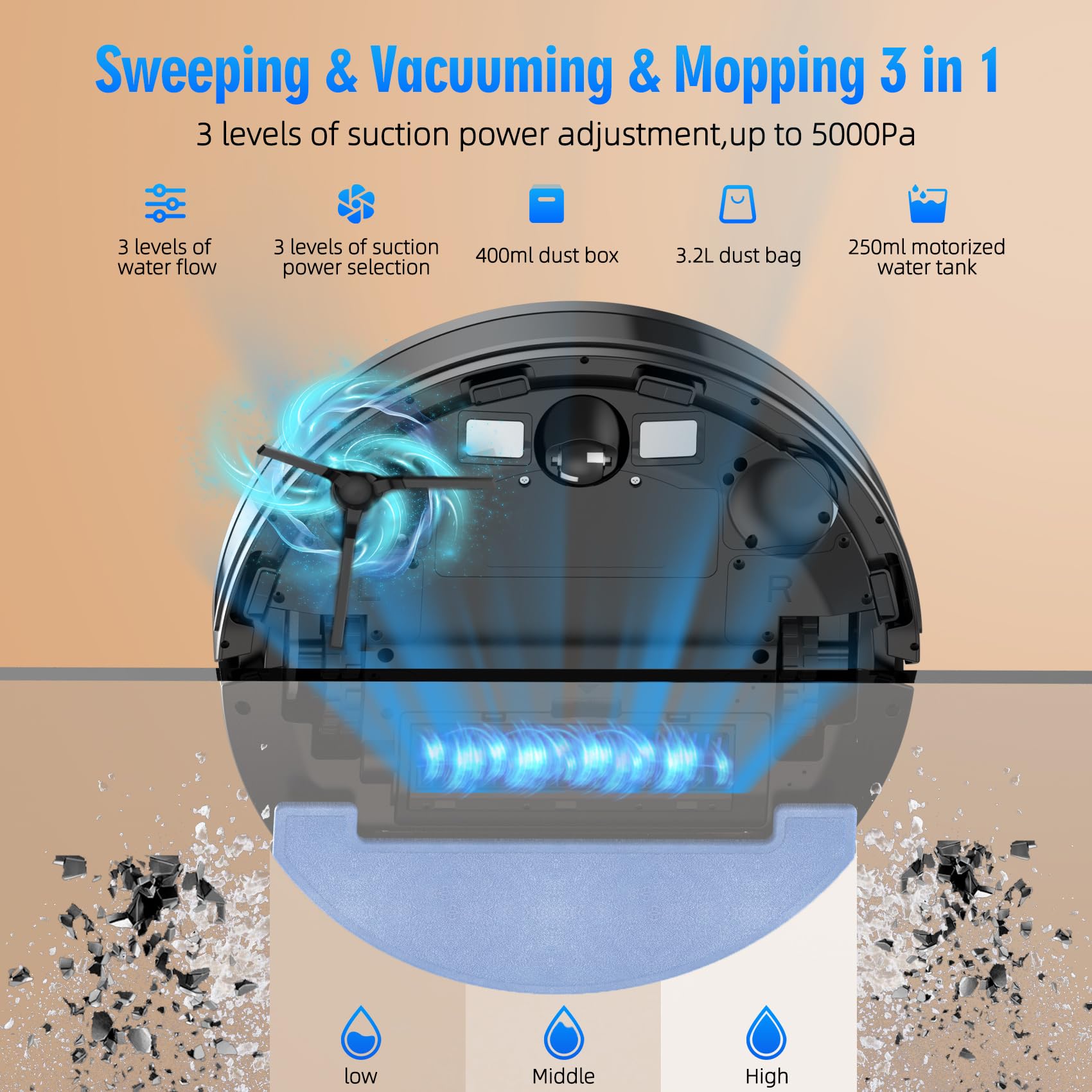 3-in-1 Robot Vacuum and Mop Combo with Self-Emptying Station (60 Days Capacity) - 5000Pa Strong Suction, LiDAR Navigation, WiFi/Alexa/App Control - Ideal for Hardwood Floors, Carpets & Pet Hair Cleaning