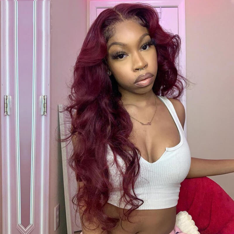 Eullair Pre-Colored Dark #99J Burgundy Frontal Wig - Natural Looking Human Hair Lace Front Wig for Women | Perfect Fall Color for Daily Wear, Parties & Special Occasions