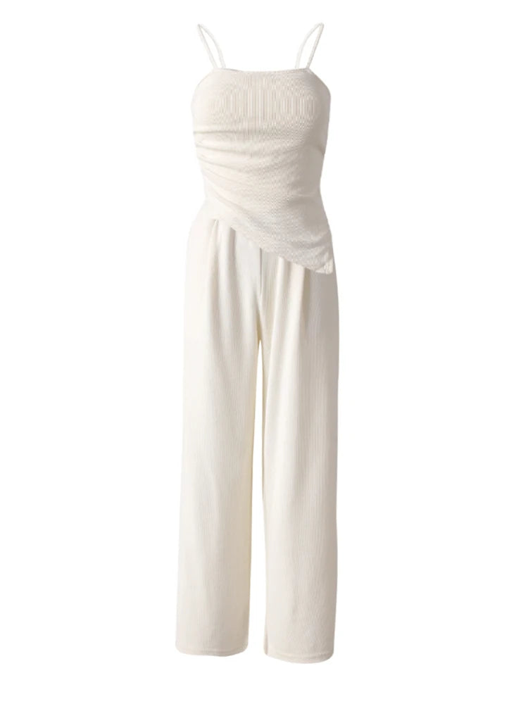 Beige Irregular Tank Top & Wide Leg Pants Two-Piece Set - Women's Sleeveless Fashion Outfit for Spring Summer 2025 | CPG3157 | Perfect for Beach Vacations, Casual Outings & Summer Parties