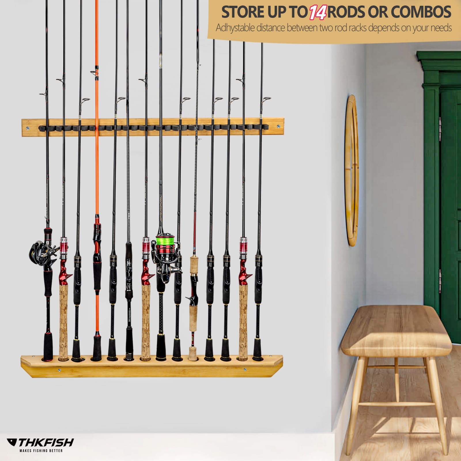 THKFISH Fishing Rod Holder Wall Mount - Wooden Garage Storage Rack for 6-7 Fishing Rod Combos, Baitcasting & Spinning Reels - Perfect for Organizing Fishing Gear in Garage, Boat, or Cabin