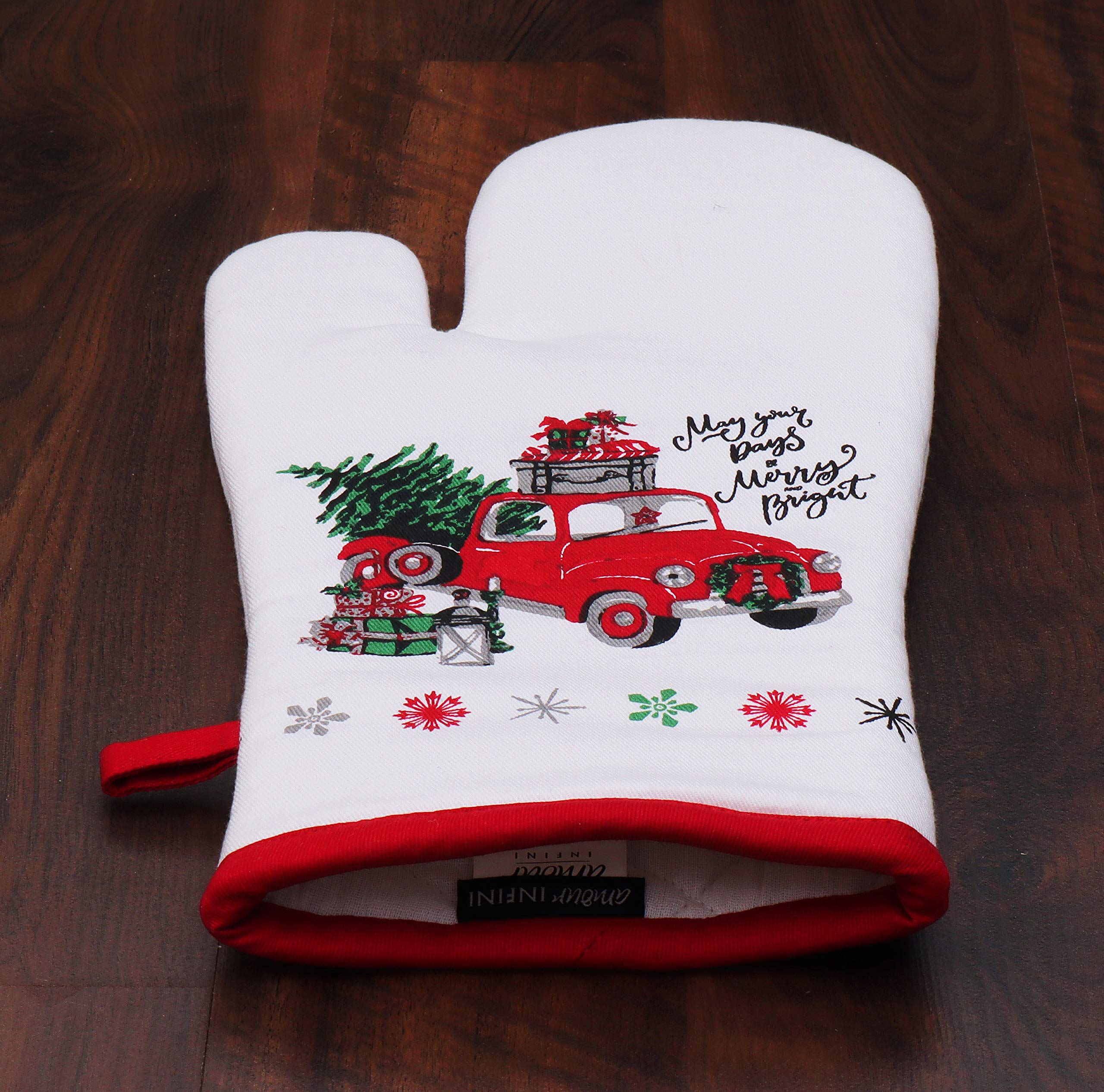 AMOUR INFINI 5-Piece Heat Resistant Kitchen Set - Cotton Pot Holders, Oven Mitt & Kitchen Towel for Cooking, Baking & Grilling | Christmas Gift for Home Chefs & Holiday Hosting