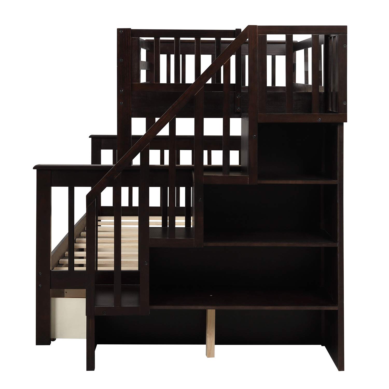 Twin Over Full Bunk Bed with Stairs and Storage - Wooden Stairway Bunk Bed with Drawers & Shelves for Bedroom, Dorm, Kids Room - Espresso Finish - Space Saving Furniture for Small Rooms & Shared Spaces