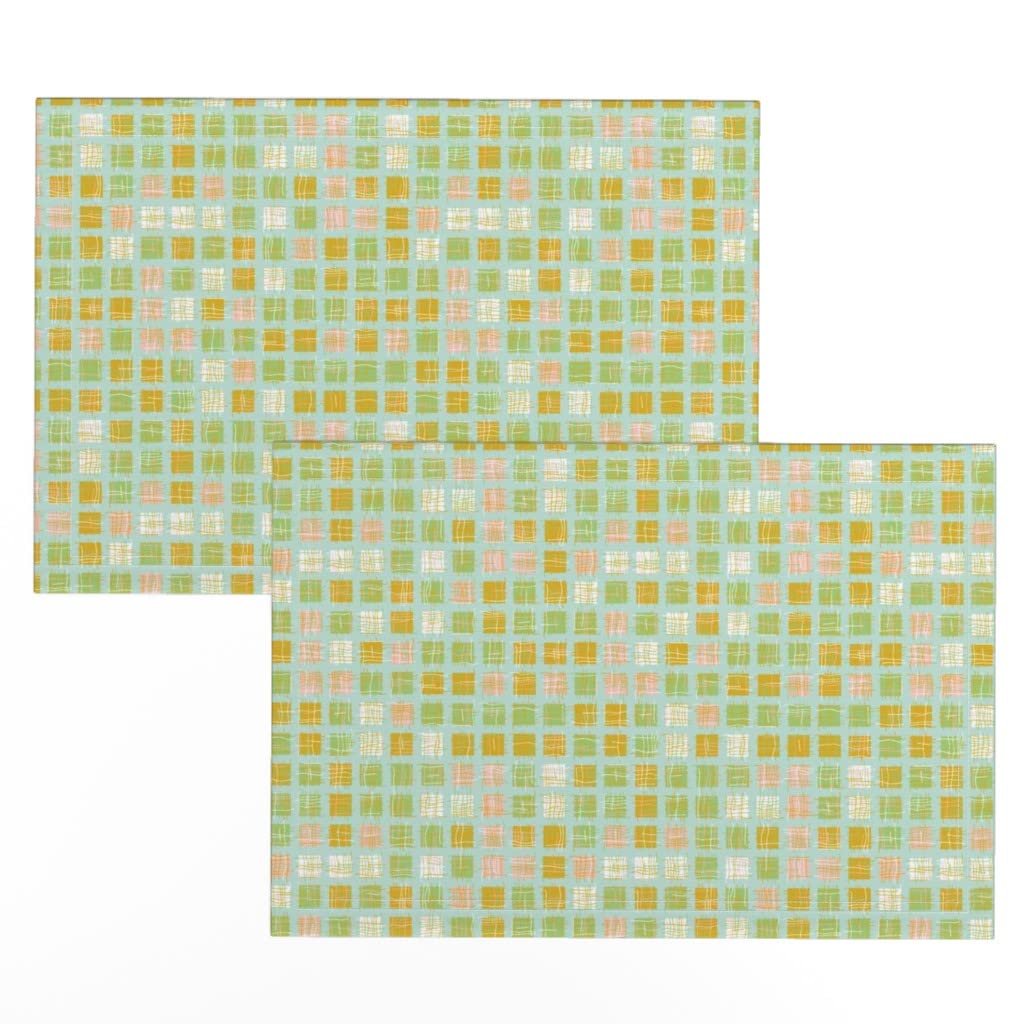 Spoonflower Linen Cotton Canvas Placemats (Set of 2) - Pink White Green Blue Yellow Plaid Geometric Tiles Print Washable Table Mats for Dining Room, Kitchen, Party Decor & Home Decoration
