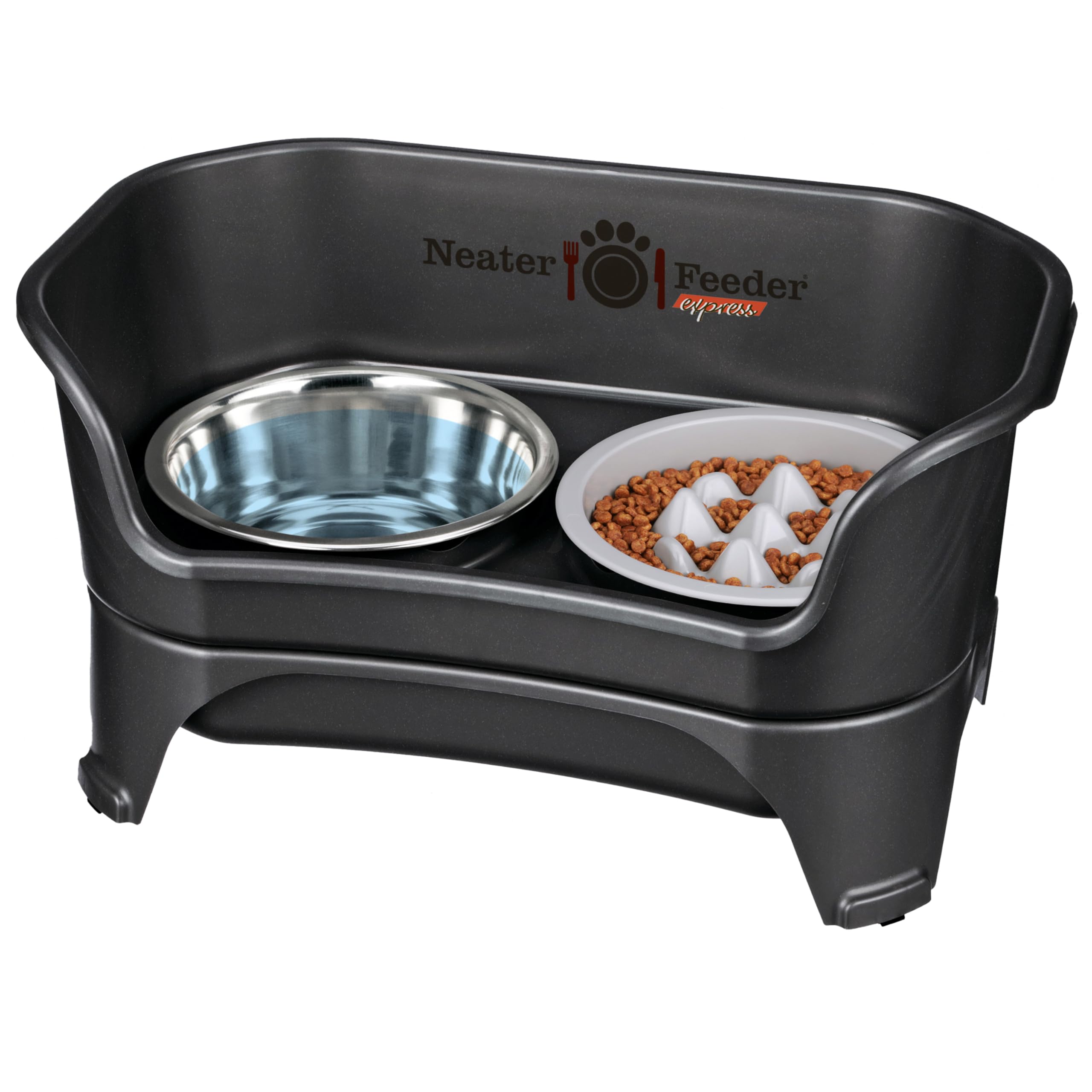 Neater Feeder Express No Spill Elevated Dog Bowls for Medium & Large Breeds - Slow Feeder & Water Bowl Set, Black - Made in USA | Anti-Mess Pet Dining Solution for Home, Kitchen or Outdoor Use