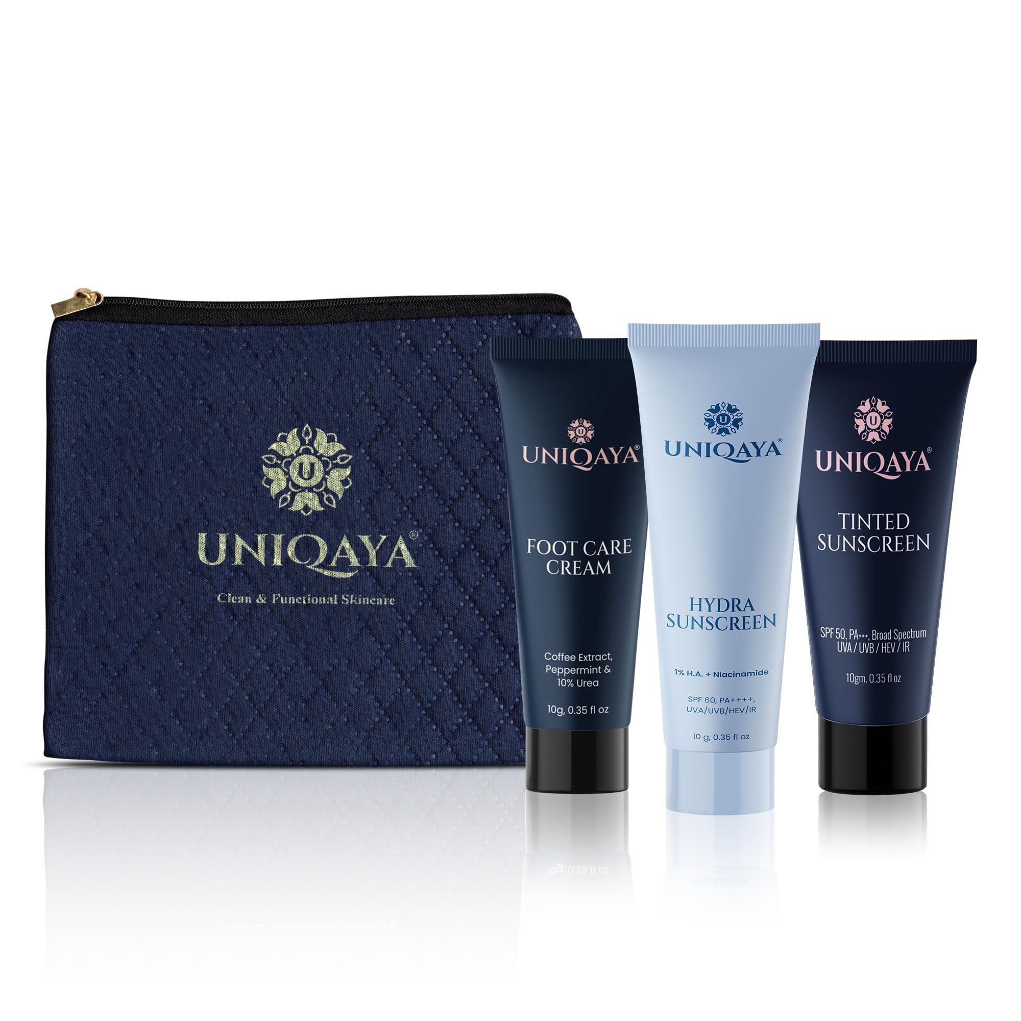 Uniqaya Skincare Combo Pack - Hydrating Sunscreen, Foot Cream & Tinted Sunscreen (30g) | Daily Moisturizing & Sun Protection for Face & Body | Perfect for Travel, Gym & Outdoor Activities