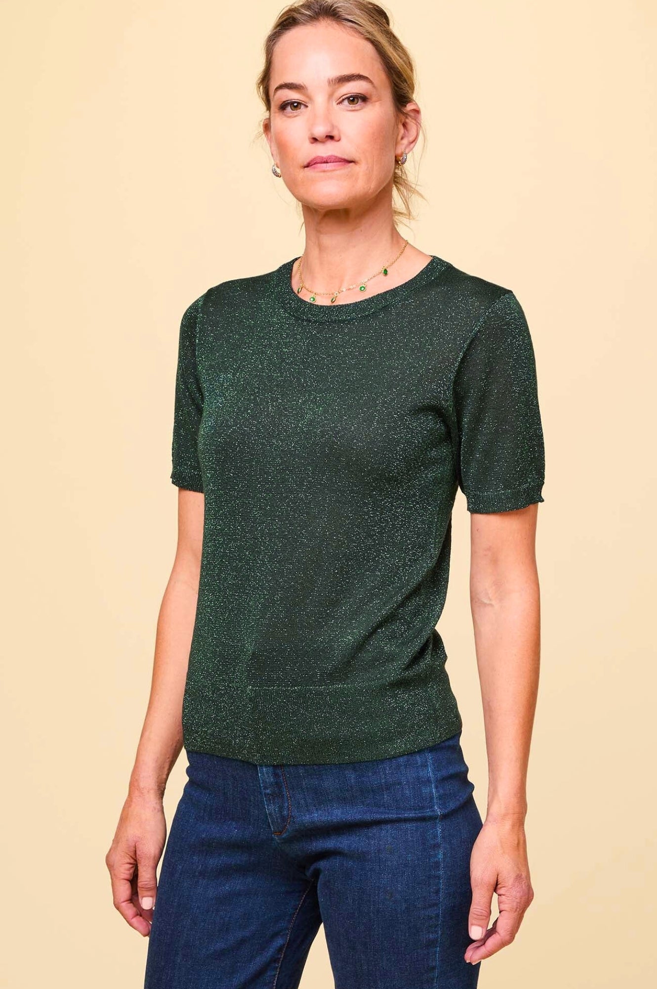 Metallic Knit T-Shirt for Women - Emerald Green Short Sleeve Top | Casual Wear, Party Outfit, Everyday Fashion