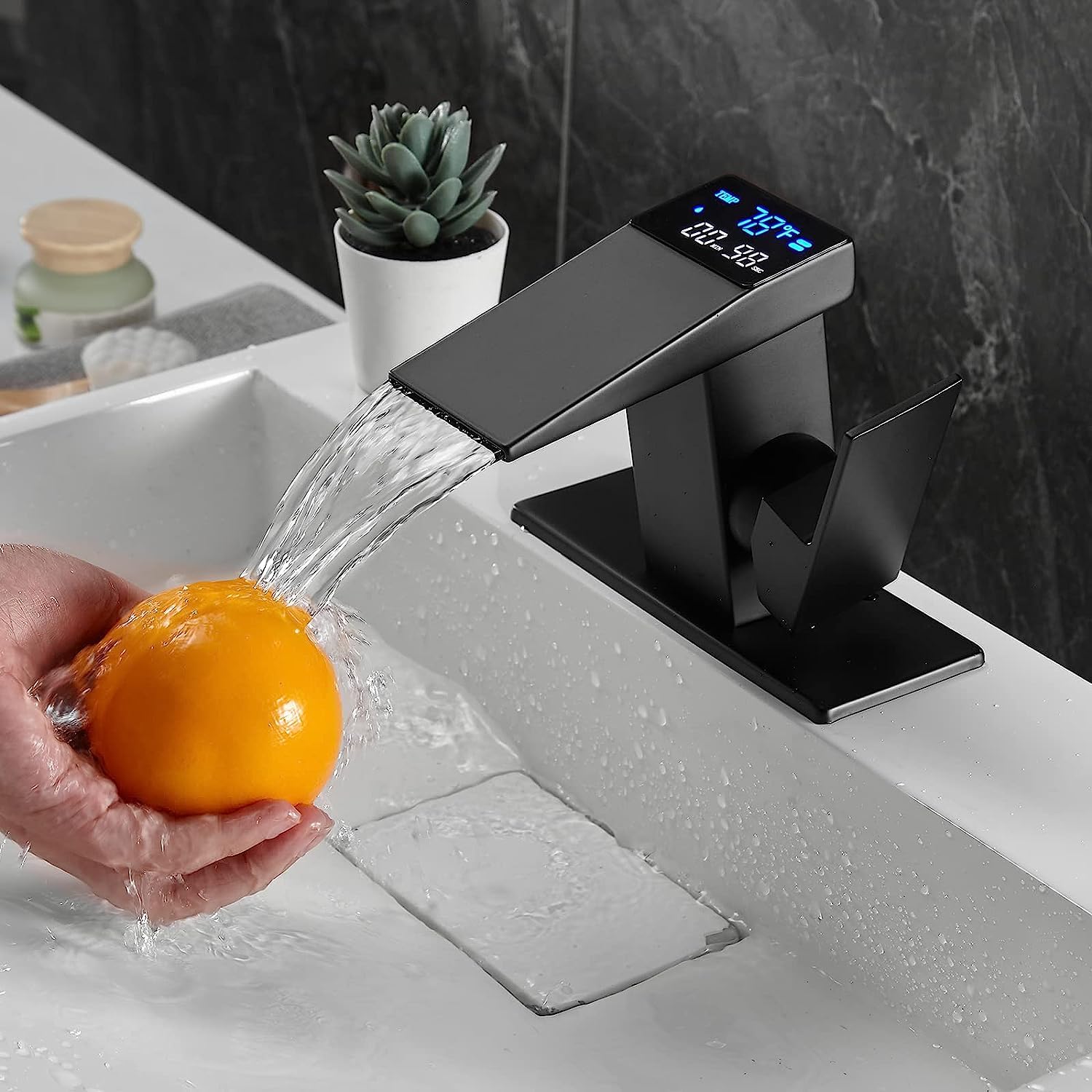 Loopan Black LED Light Waterfall Bathroom Faucet - Single Handle One Hole Mount with Temperature Display & Hydraulic Power, Lead-Free Vanity Sink Faucet for Modern Bathroom, Spa, and Hotel Decor