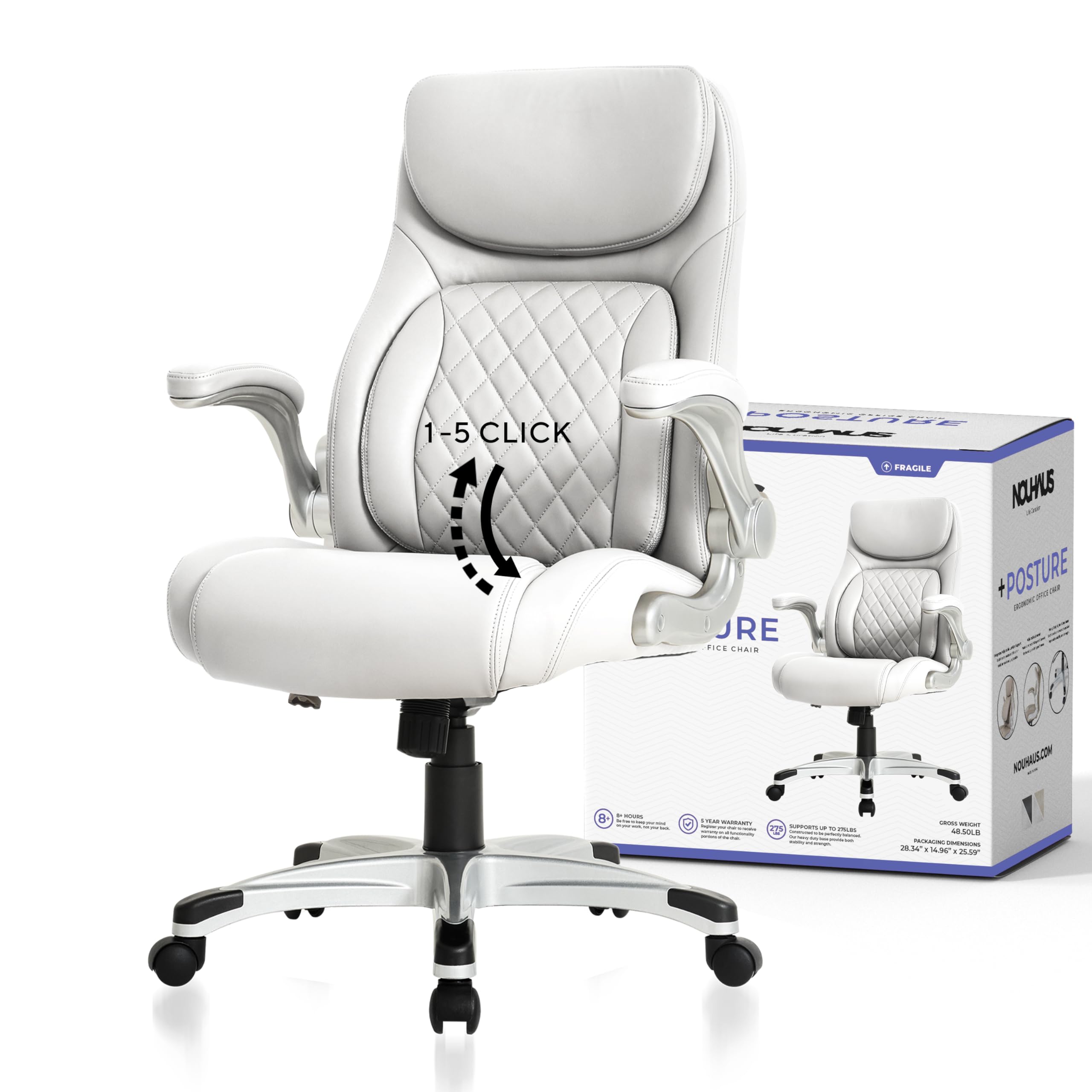 Nouhaus Ergonomic Office Chair with Posture Support - PU Leather Executive Desk Chair with Adjustable Lumbar Support & Flip-Up Armrests - Modern Computer Chair for Home & Office Workspace (White)