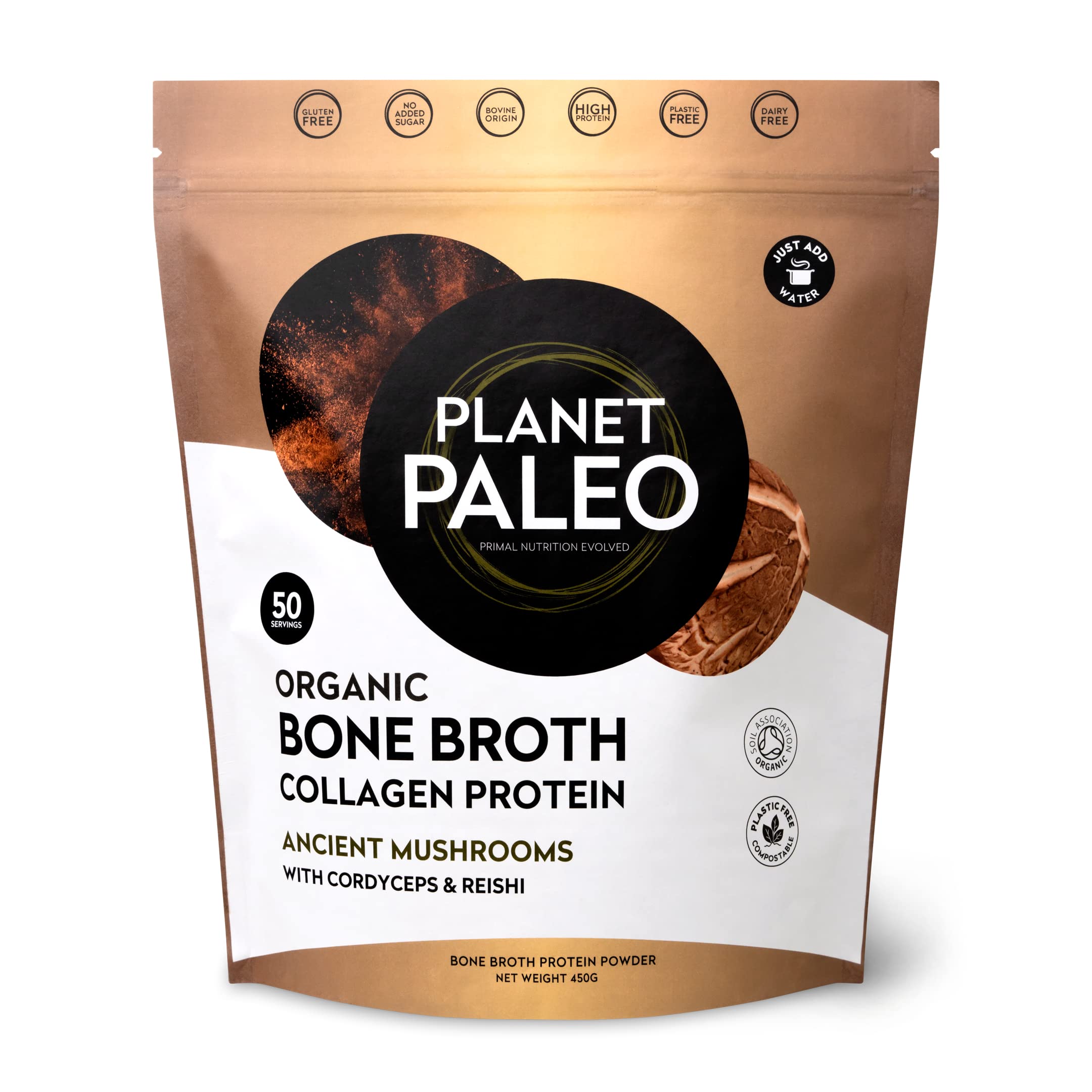 Organic Grass-Fed Bone Broth Powder with Reishi, Cordyceps & Lion's Mane Mushroom - Paleo Keto Protein Supplement (450g, 50 Servings) - Supports Immunity, Gut Health & Recovery - Perfect for Soups, Smoothies & Wellness Routines