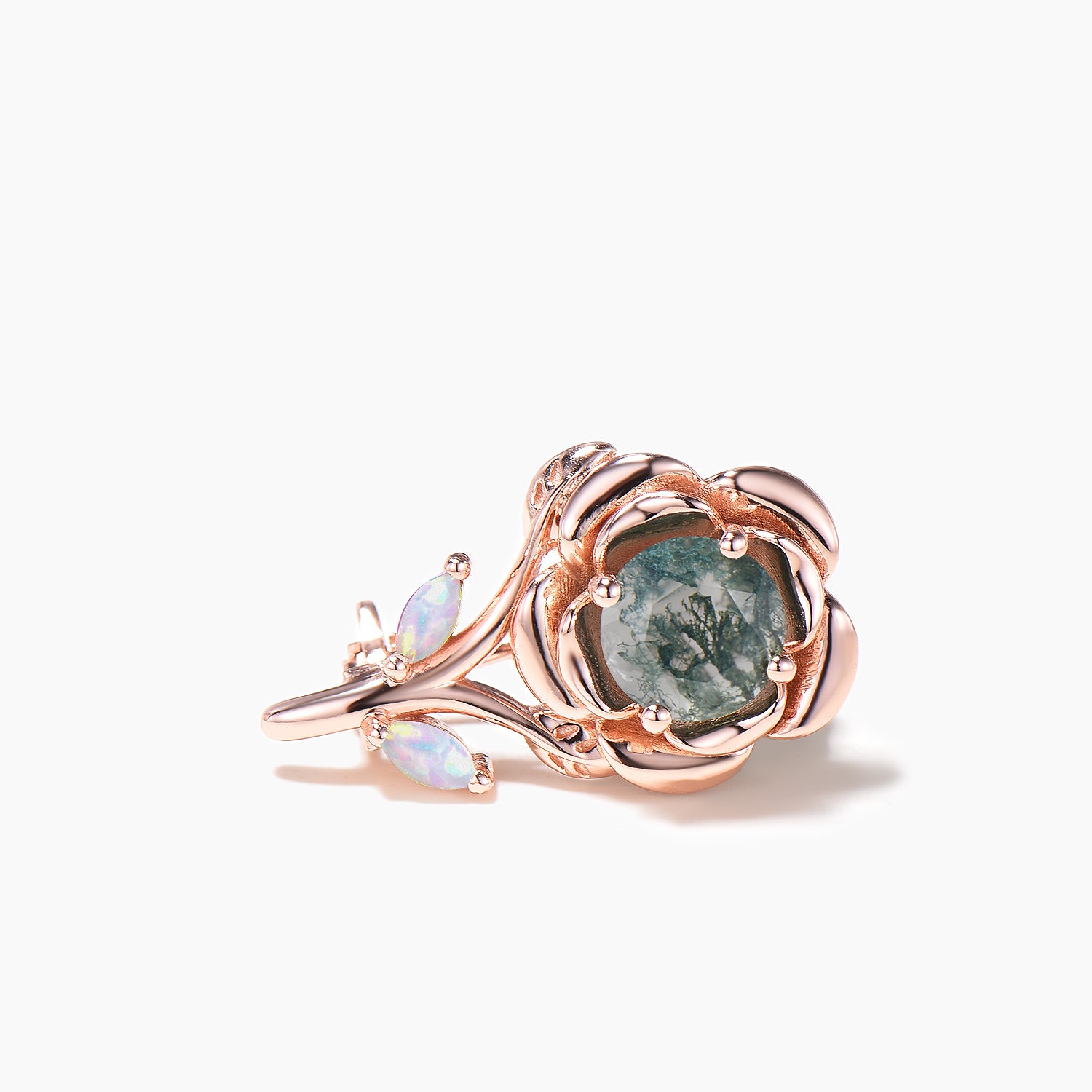 Round Cut Moss Agate Rose Gold Marquise Opal Flower Nature Inspired Brooch Pin - Elegant Vintage Jewelry for Women, Perfect for Weddings, Parties & Special Occasions