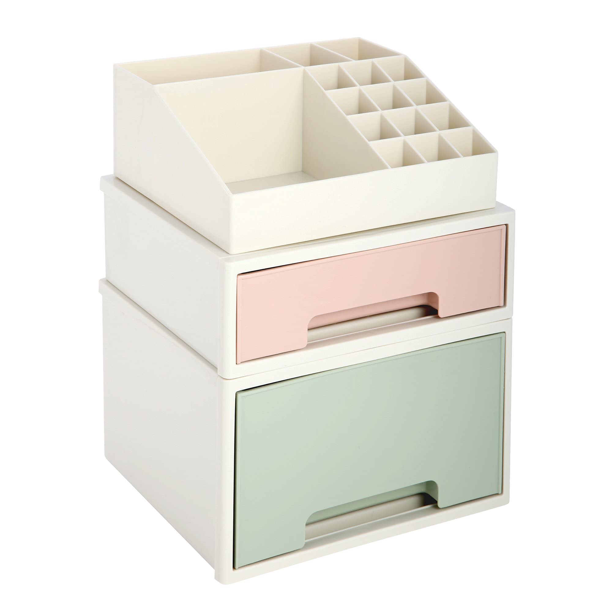 Multifunctional Makeup Organizer Box with 2 Drawers & 16 Slots - Cosmetic Storage, Desk Organizer for Pens, Pencils, Remote Controls, Office Supplies & Business Cards - Perfect for Vanity, Office & Home Organization