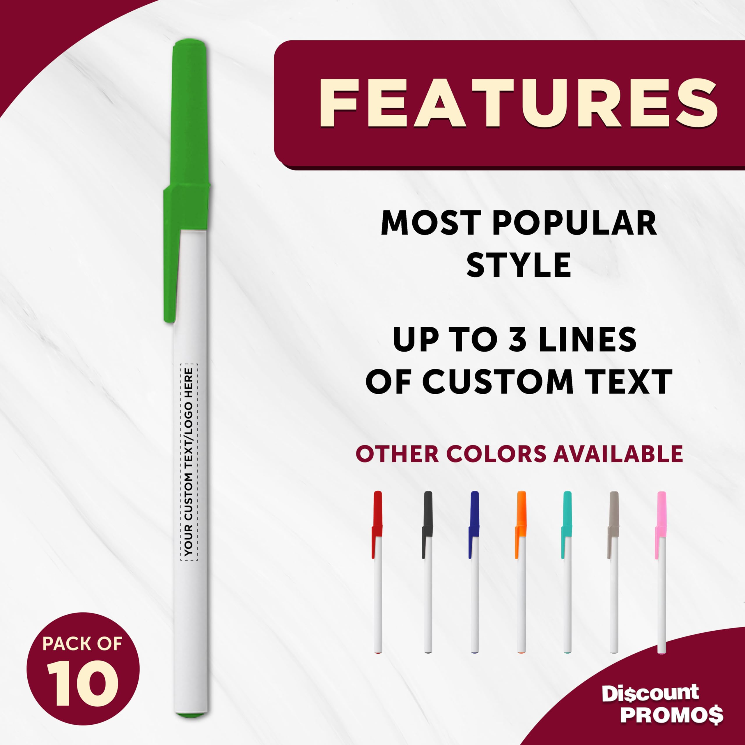 Custom Value Stick Pens Set of 10 - Personalized Bulk Pack with Black Ink - Premium Promotional Pens for Office, School, Business, Tradeshows & Events - Perfect for Branding, Giveaways & Corporate Gifts (Green)