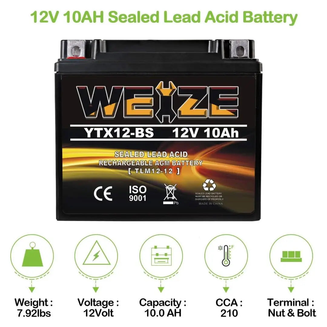 WEIZE YTX12-BS 12V 10Ah AGM Sealed Motorcycle Battery - Maintenance Free, High Performance, Rechargeable ATV Battery Compatible with Honda, Kawasaki, Suzuki - Perfect for Off-Road, Dirt Bikes & Powersports Vehicles