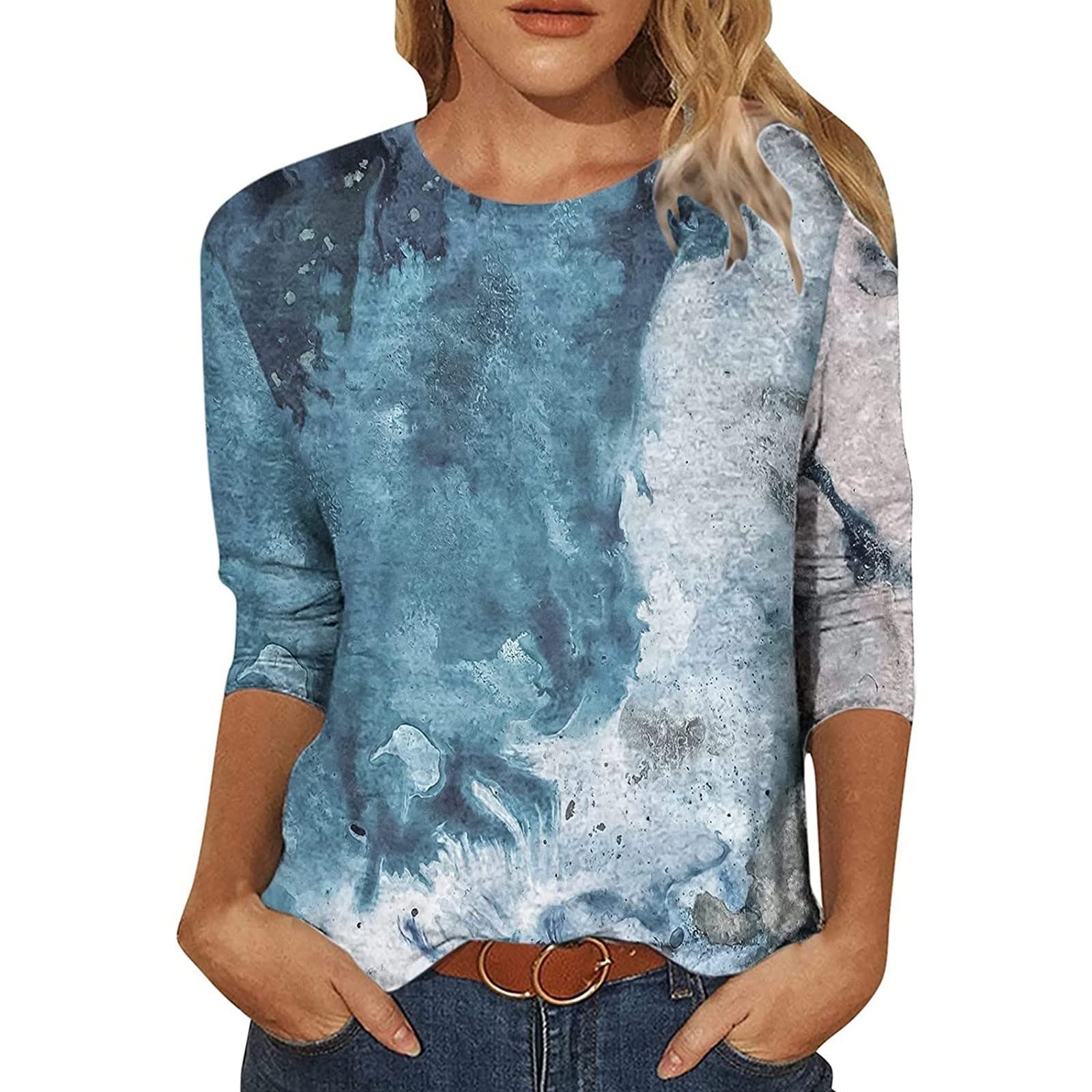 AMTF Women's Fashion Print Long Sleeve Blouse - Stylish Round Neck Splice Design Casual Tops for Women | Perfect for Office Wear, Date Nights & Everyday Outfits