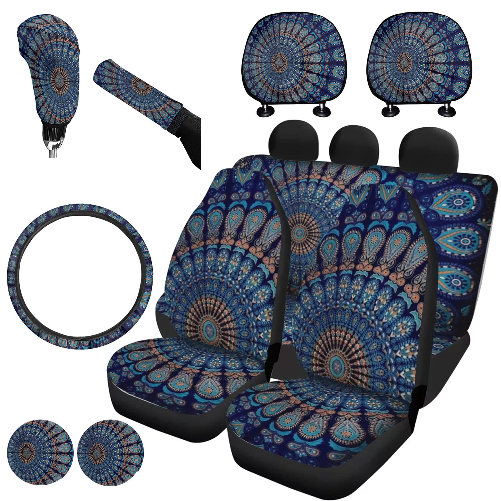 Bohemian Indian Hippie Mandala Car Seat Covers Full Set - Psychedelic Peacock Design for Women | Steering Wheel Cover, Gear Shift Knob Cover, Handbrake Cover, Seat Belt Cover & Headrest Covers | Perfect for Road Trips, Yoga Retreats & Boho Lifestyle Enthusiasts