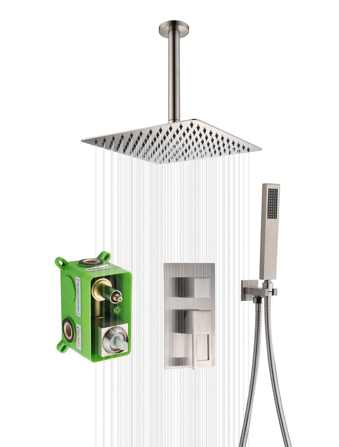 Premium Brushed Nickel Ceiling Mount Shower System - 8 Inch High Pressure Rain Shower Head with Rough-in Valve | Luxury Bathroom Upgrade for Spa-Like Experience