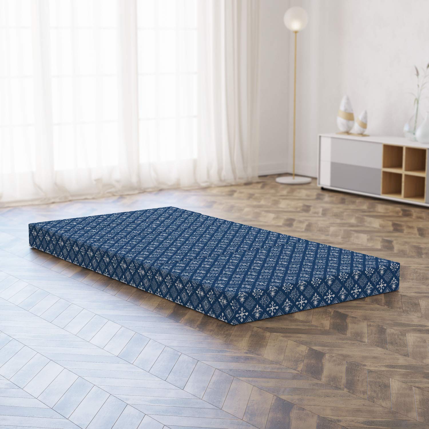 Ambesonne Mediterranean Foldable Mattress - Navy Blue & White Rectangular Armor Design - 74.8